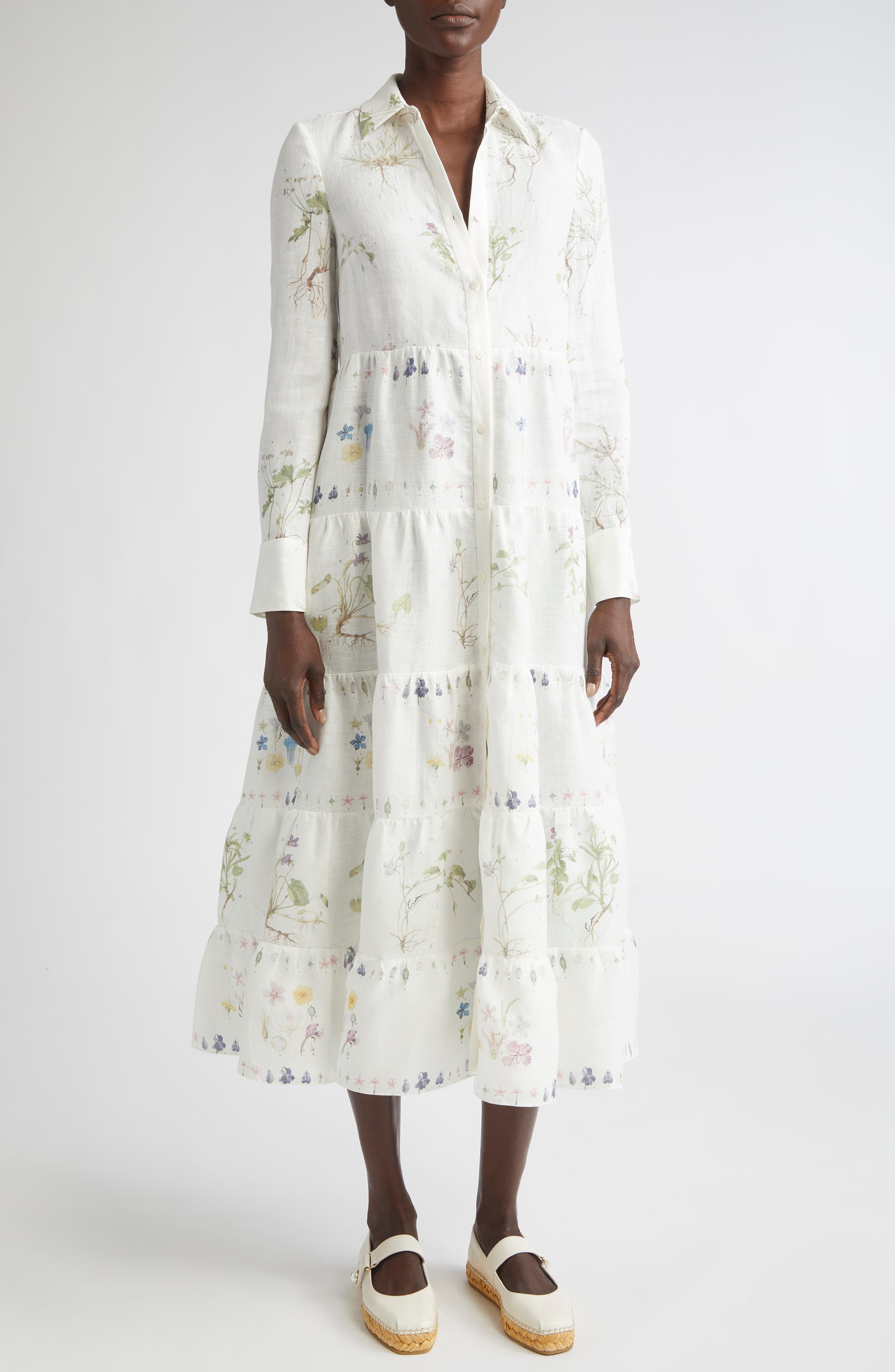 Erdem Long Sleeve Linen Shirtdress in Botanical Garden White at Nordstrom - 1