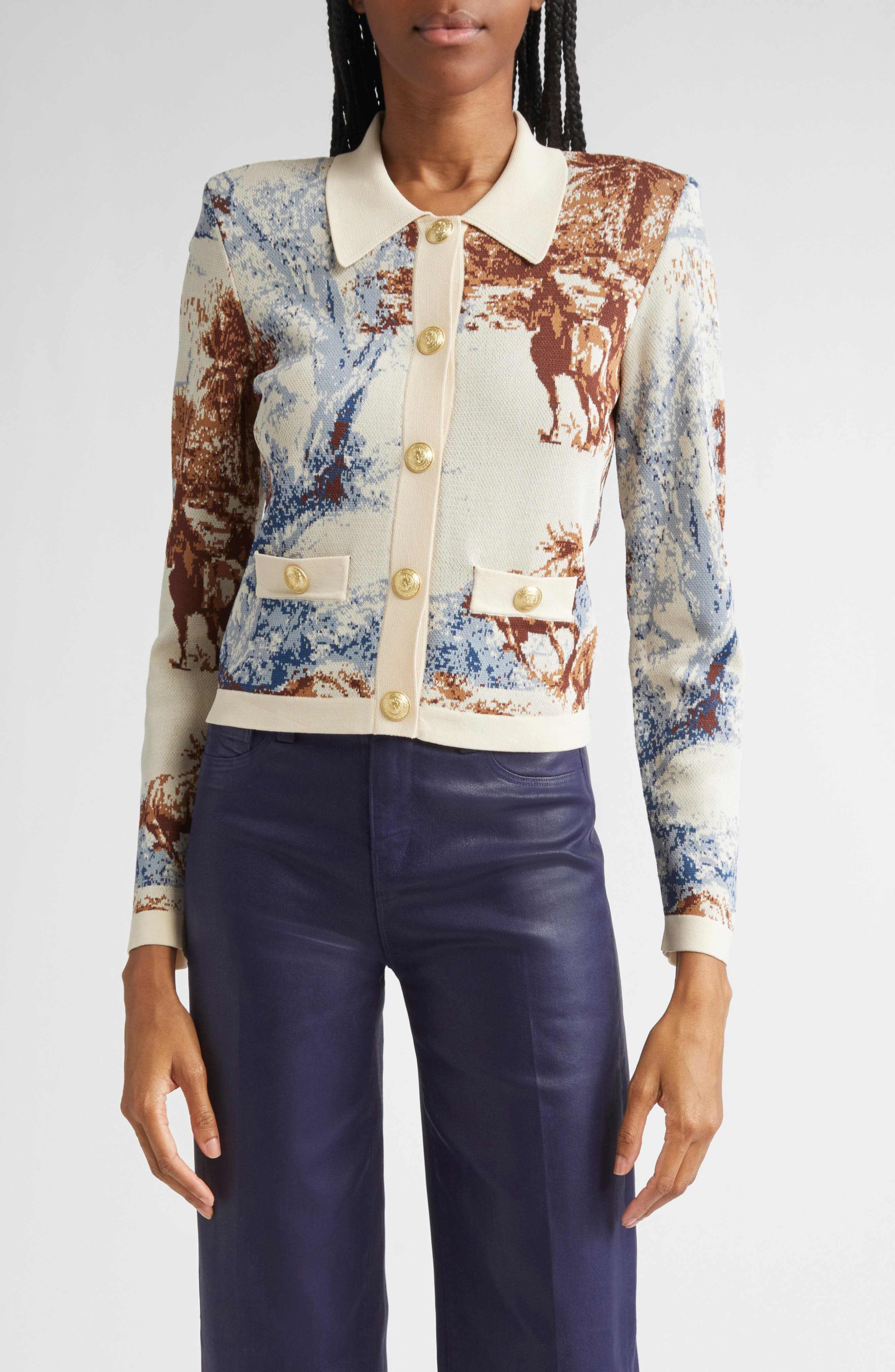 L'AGENCE Osiris Jacquard Knit Jacket in Tan Mountain Western Toile at Nordstrom - 1