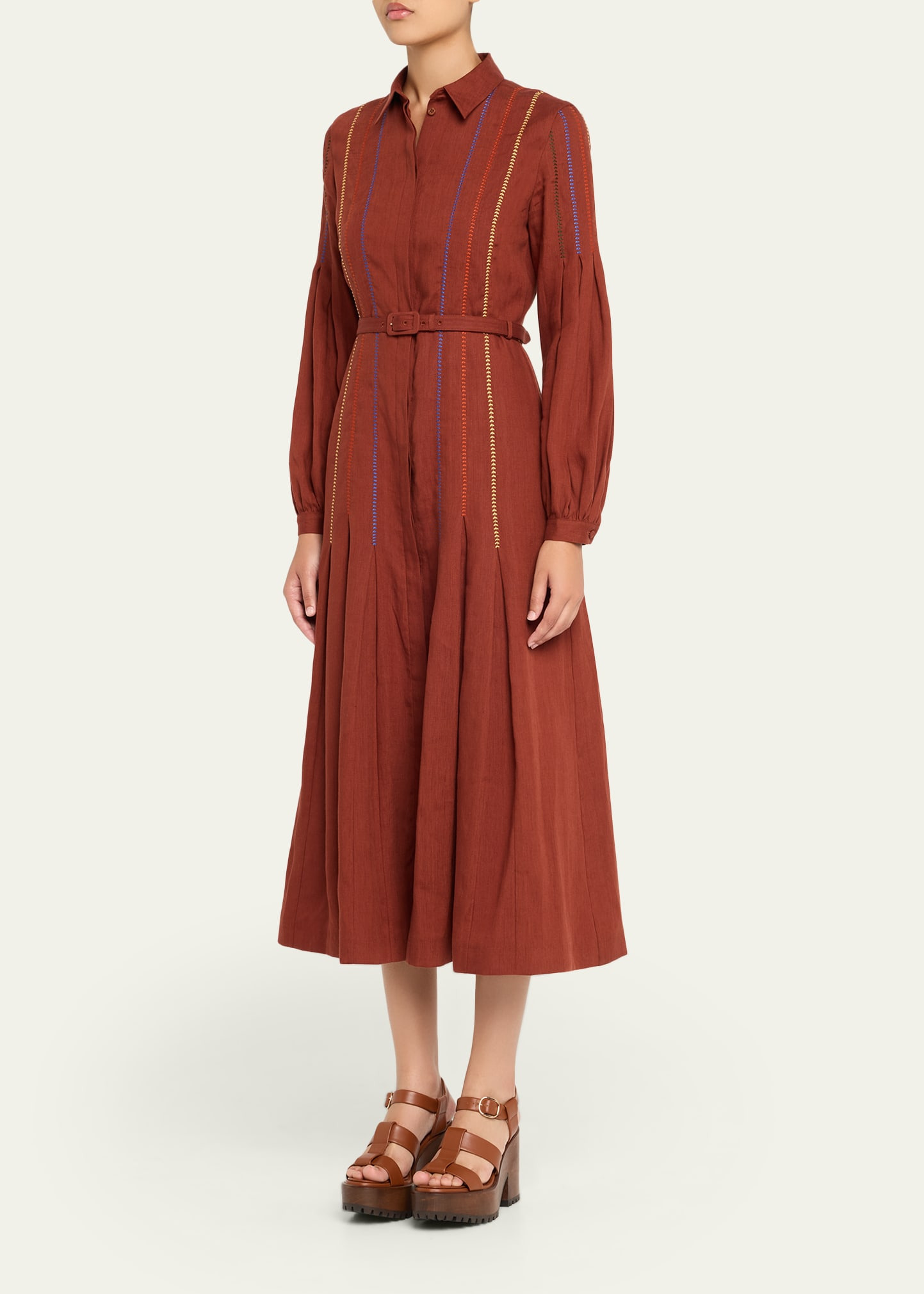 Aleka Pleated Linen Long-Sleeve Midi Shirtdress - 4
