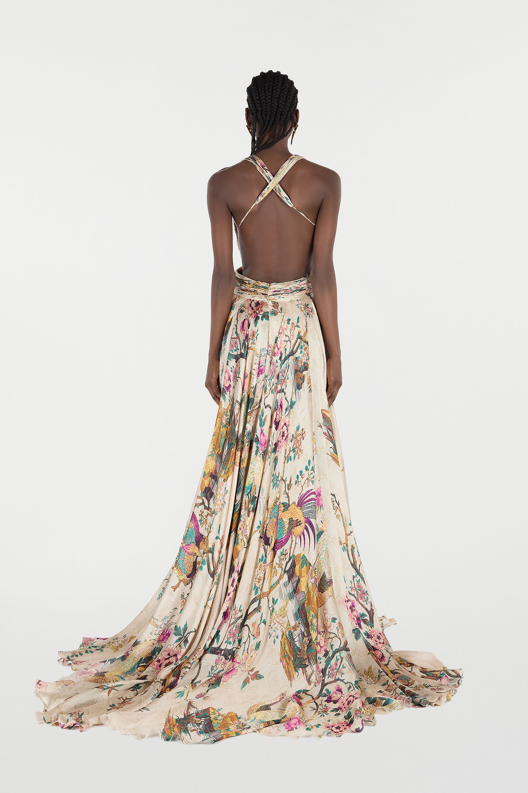 Extra-Long Silk Dress With Flower And Pheasant Print - 4