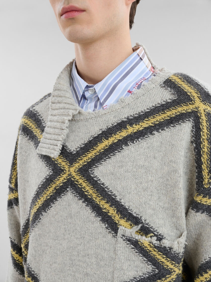GREY BROKEN WOOL JUMPER WITH ARGYLE MOTIF - 4