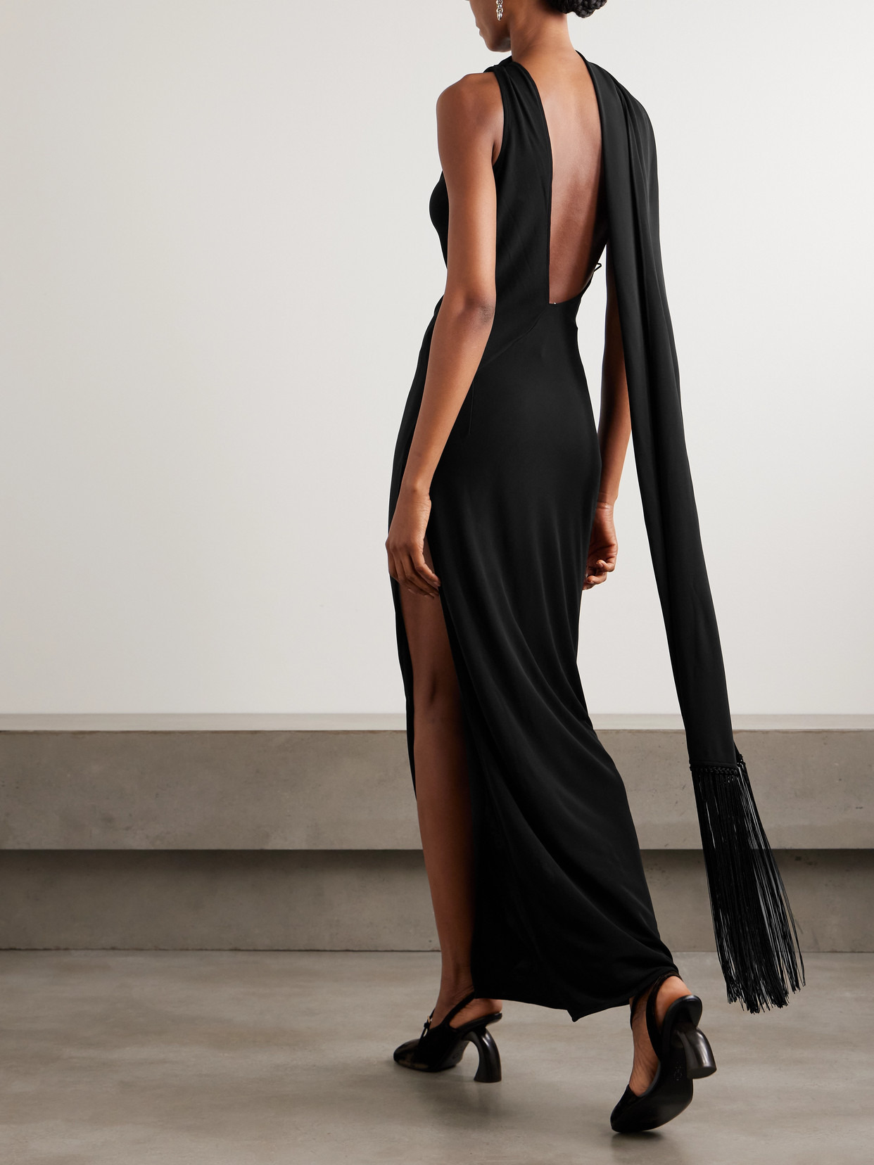Dassy One-shoulder Fringed Tie-detailed Stretch-knit Gown - 3