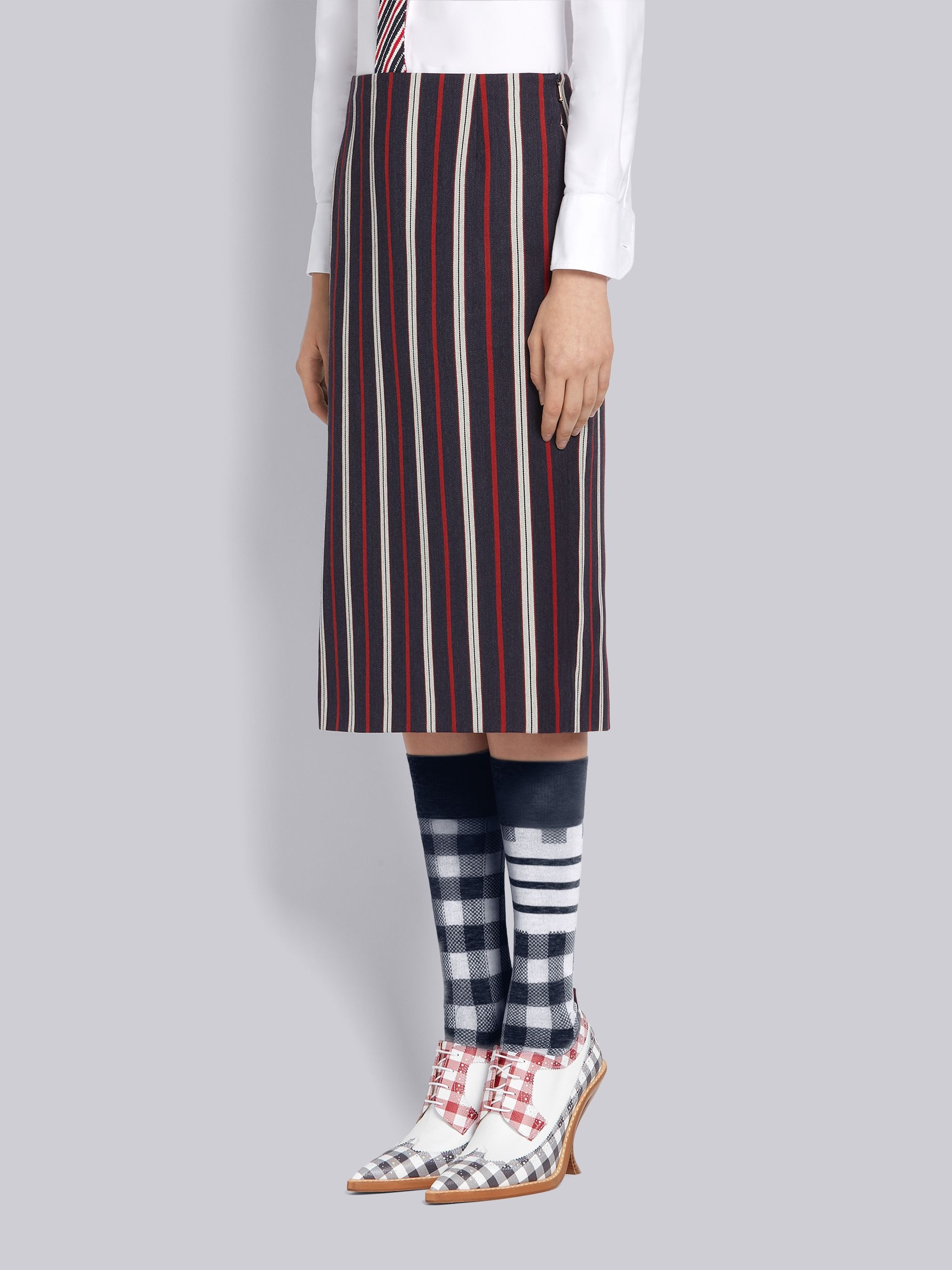 Multi-Color Wool Cotton Suiting Variegated Rep Stripe Knee Length Sheath Pencil Skirt - 2