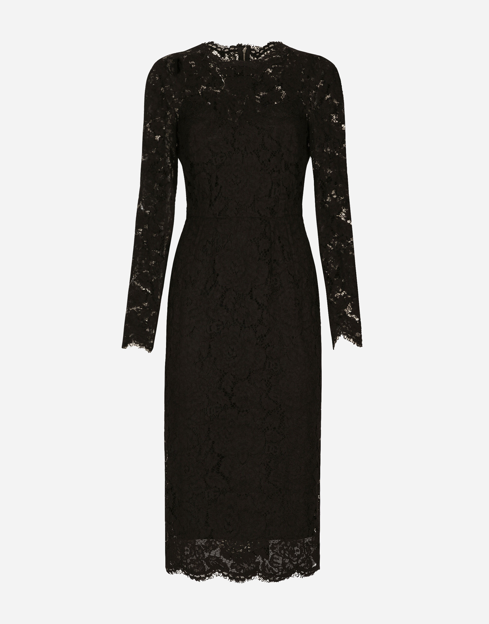 Long-sleeved calf-length dress in branded stretch lace - 1