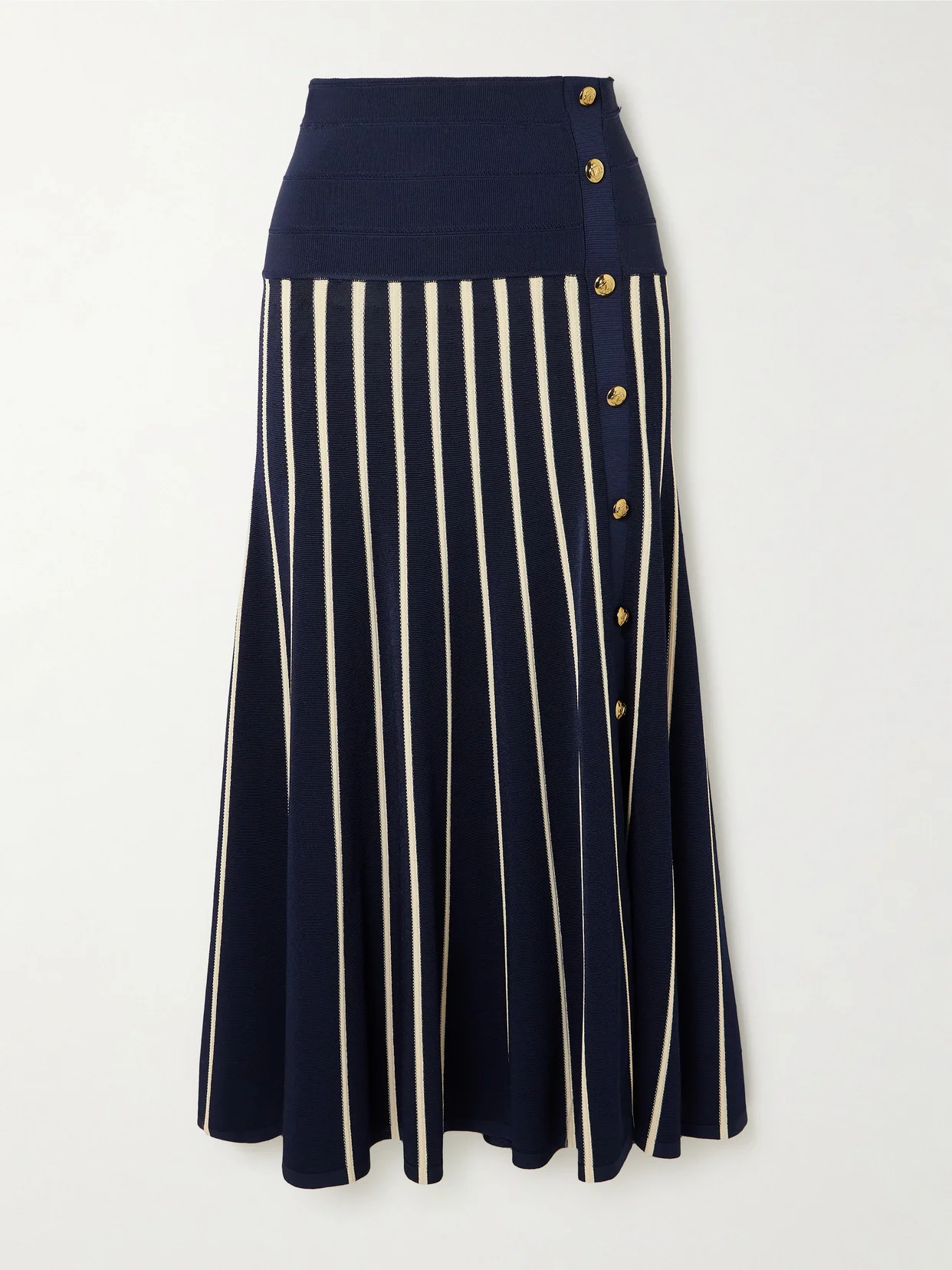 Luna Button-detailed Pleated Striped Knitted Midi Skirt - 1