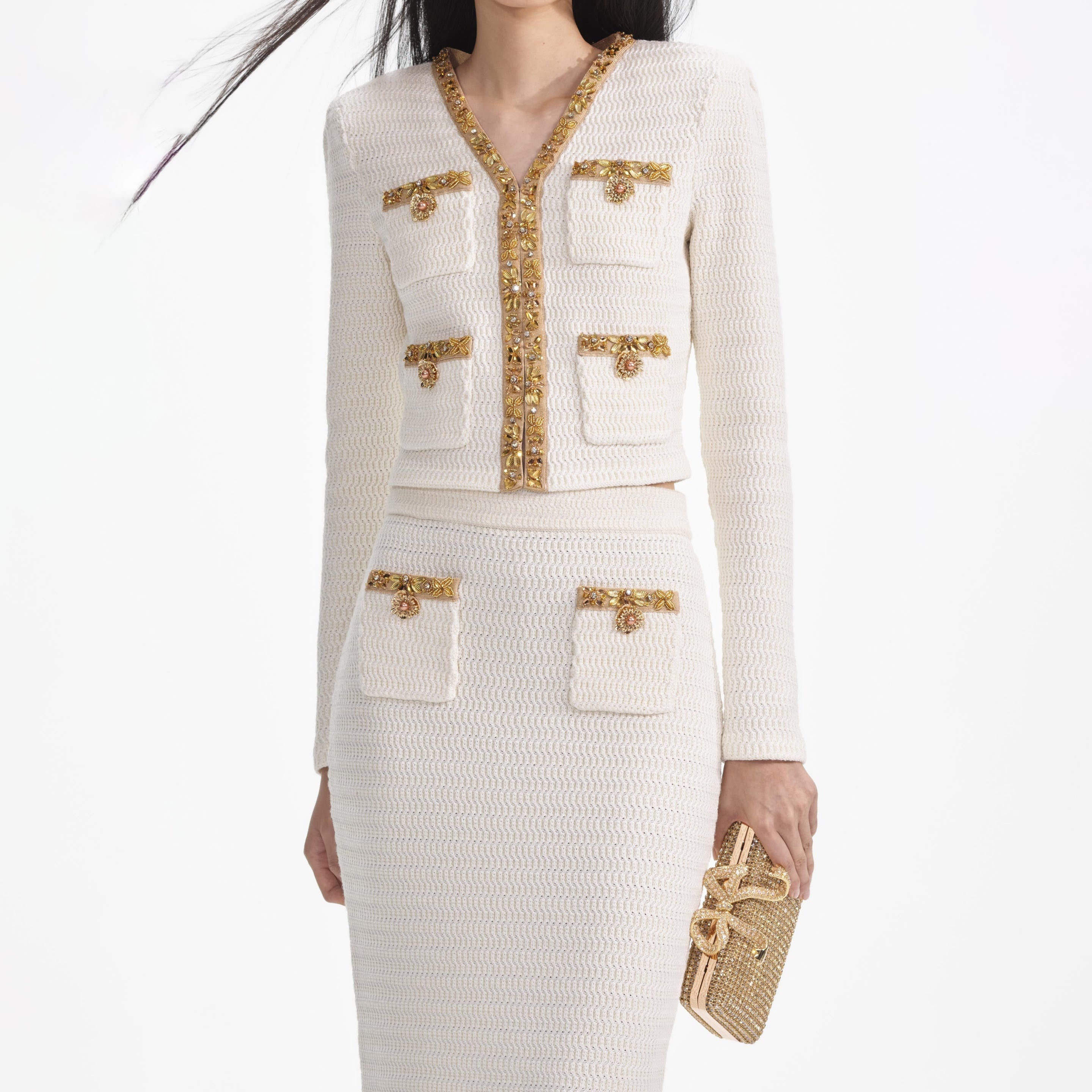 SELF PORTRAIT lurex knitted midi skirt SS25【新作】 Cream Lurex Knit Midi Skirt – self-portrait-US