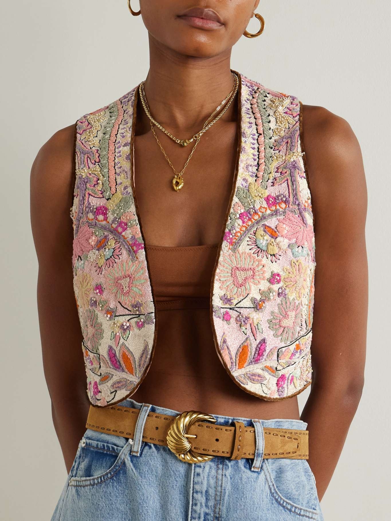 Cropped embellished linen-bouclé vest Pink - 3
