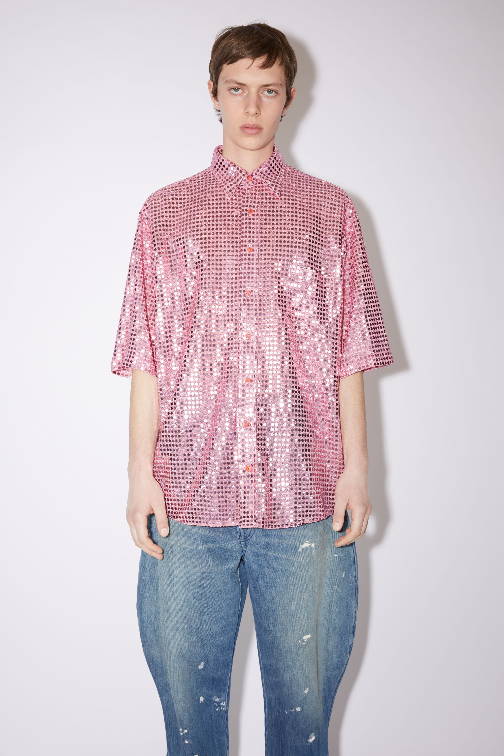 Sequined short sleeve button-up shirt - Pink - 2