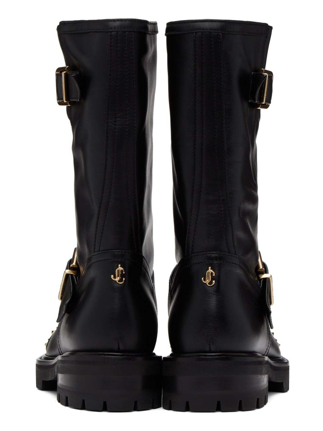 【JIMMYCHOO】 black boots （関税送料込） Black Smooth Leather Biker Boots with Gold Buckles | YOUTH