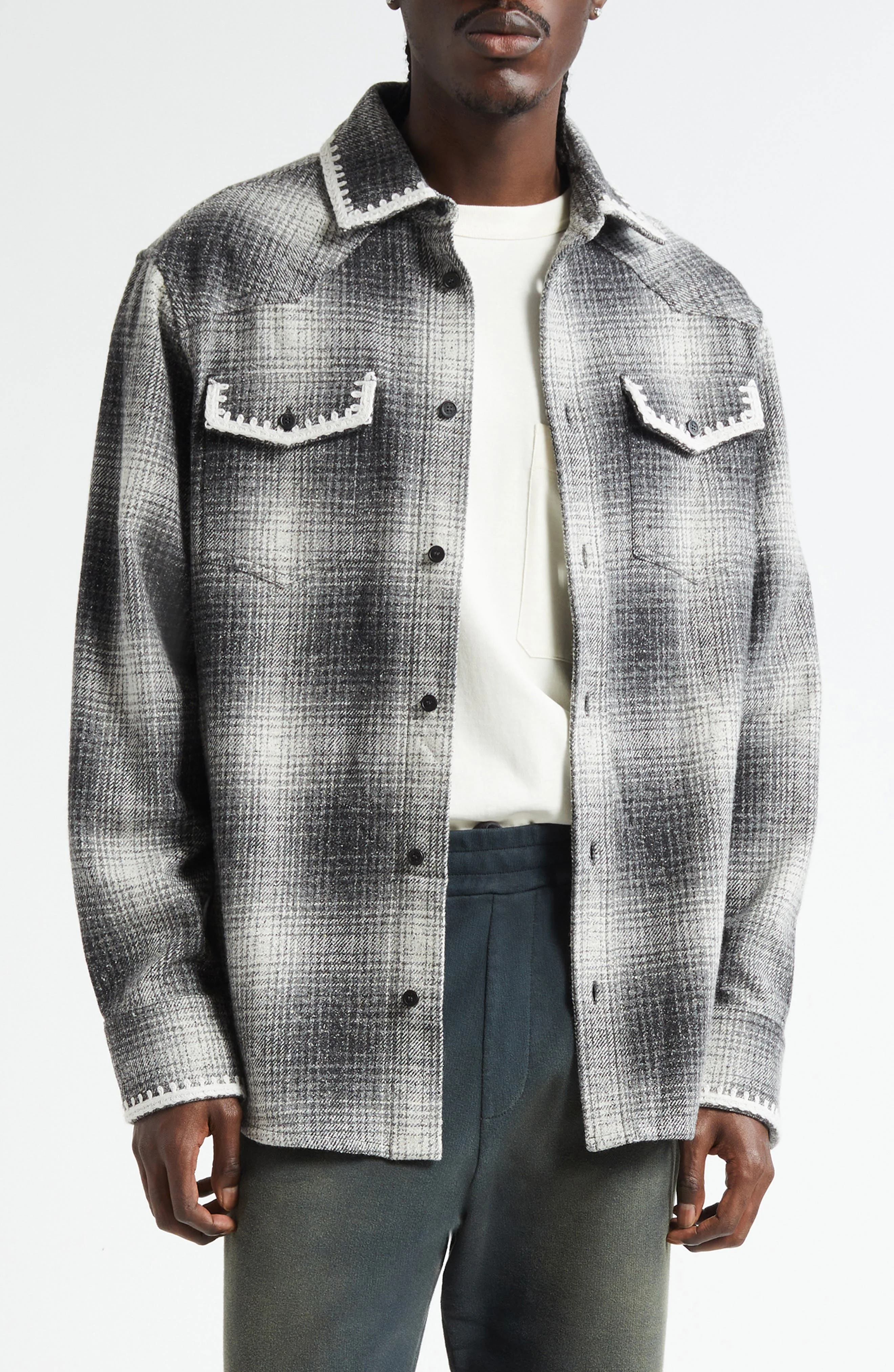Golden Goose Journey Plaid Virgin Wool & Silk Blend Overshirt in Pewter Gray/Off White at Nordstrom - 1