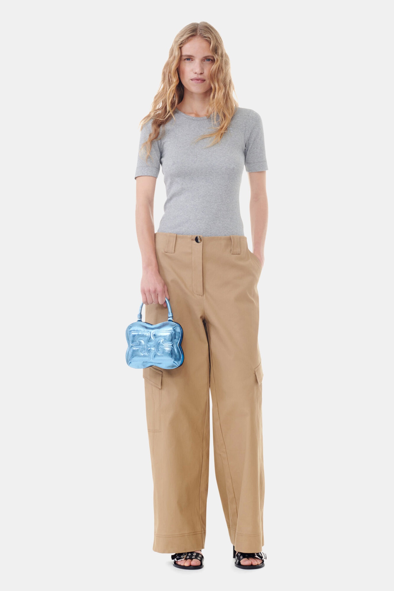 BROWN HERRINGBONE CANVAS MID WAIST PANTS - 2