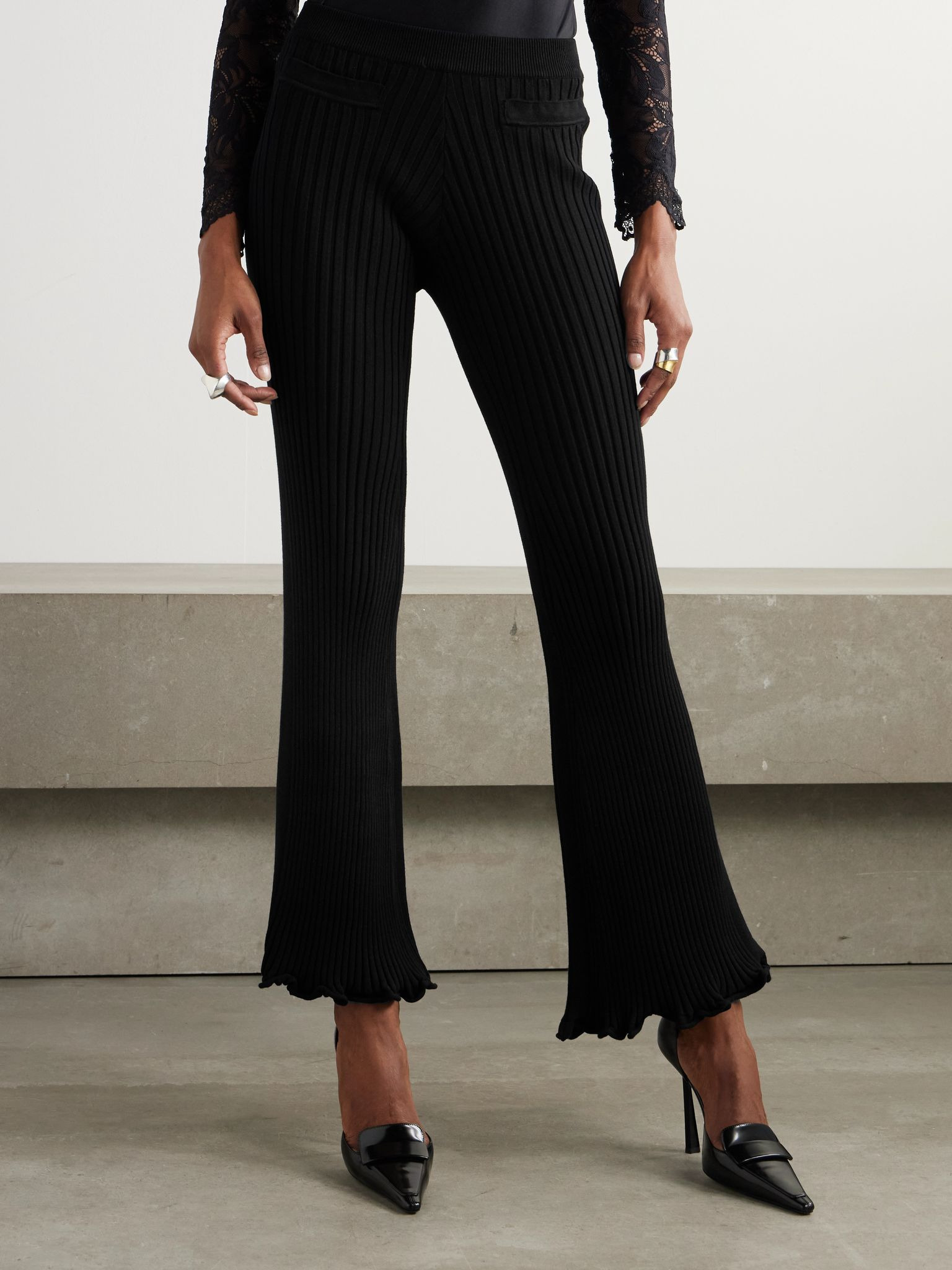 Ruffled ribbed-knit flared pants Black - 3