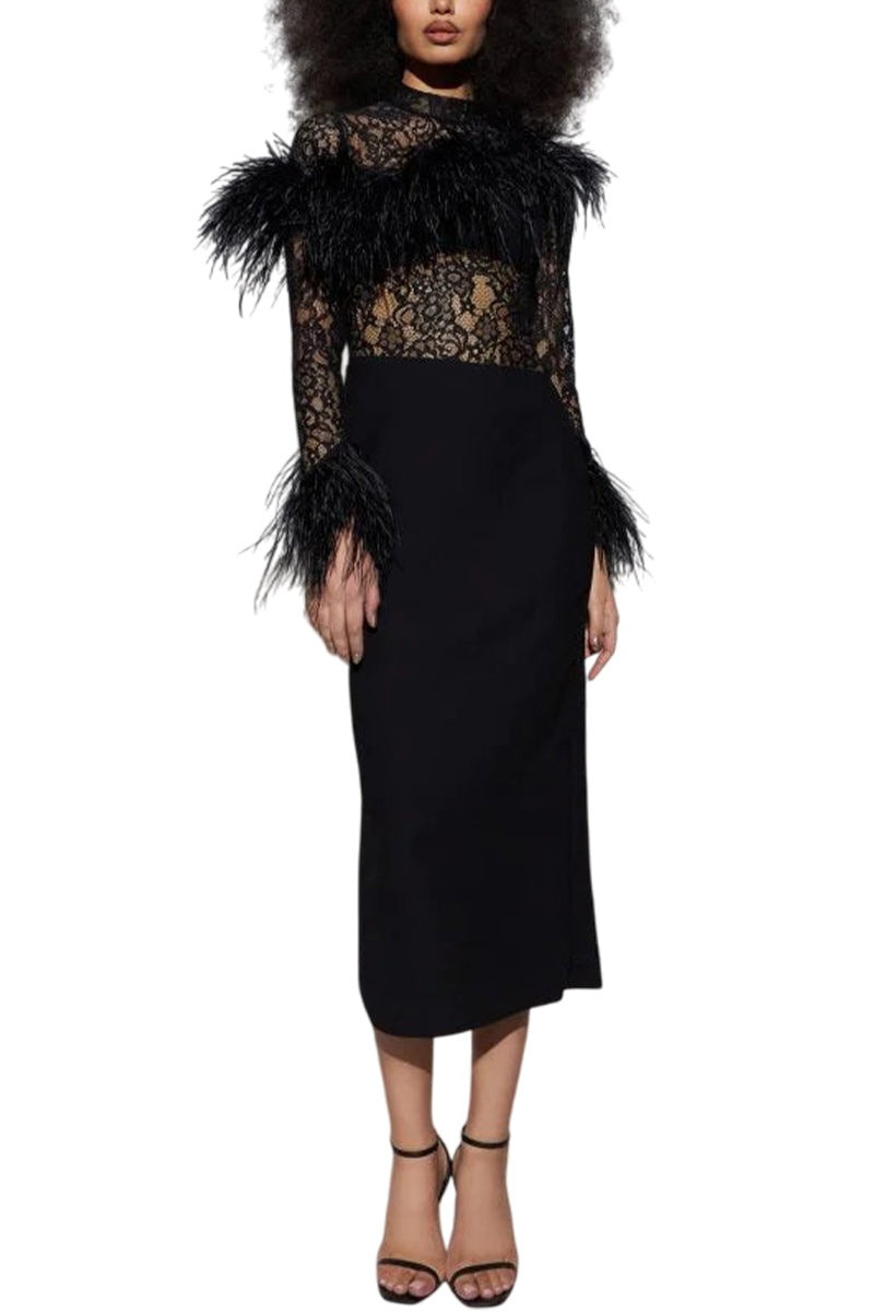 RASARIO ASYMMETRIC FEATHER LACE AND CREPE DRESS outlook