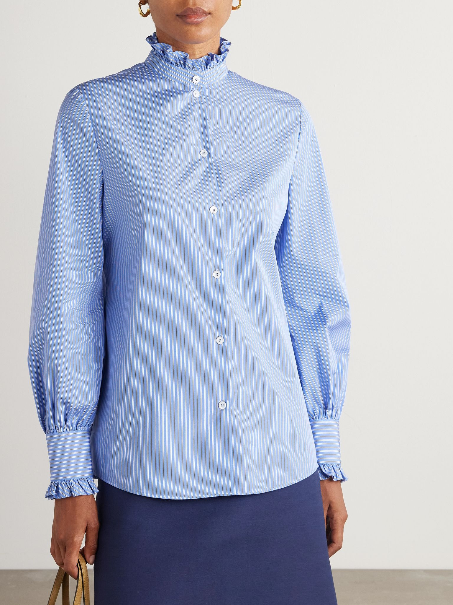 Ruffled striped cotton-poplin shirt Light blue - 3
