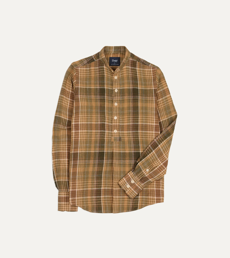Brown Check Linen Mandarin Collar Popover Shirt - 1