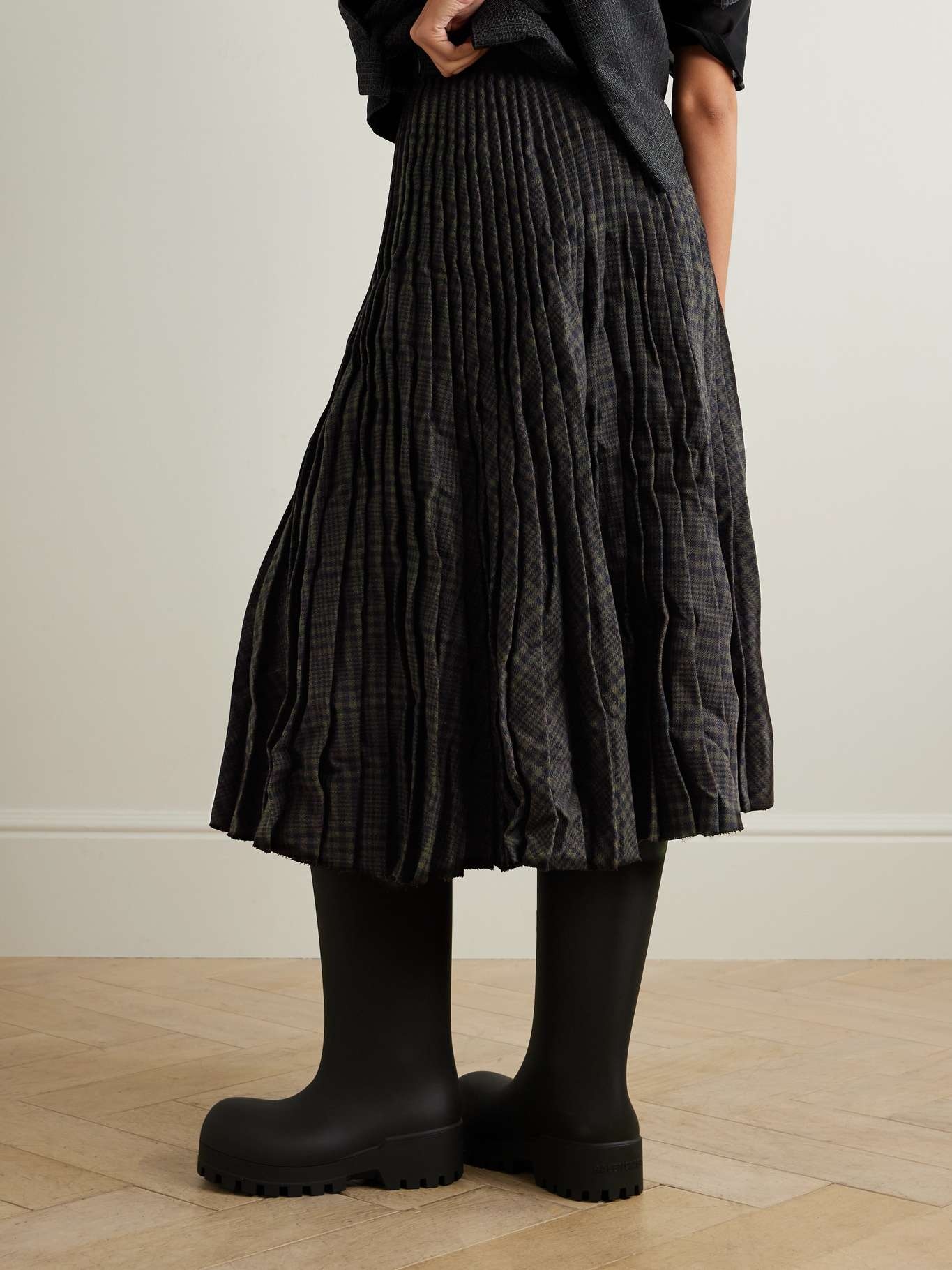 BALENCIAGA Pleated checked crinkled wool-blend midi skirt