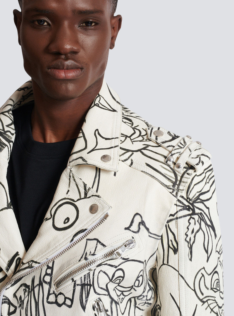 Disney x Balmain: The Lion King - Leather biker jacket with Enfant Précoce print 9