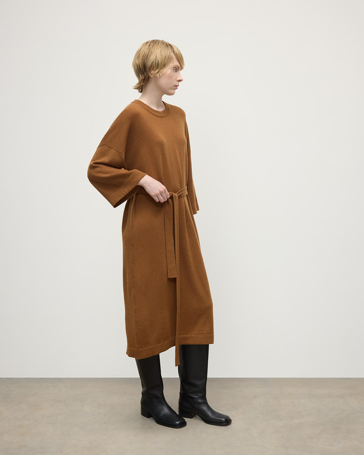 Tie-Waist Cashmere Camel Jumper Dress - 3