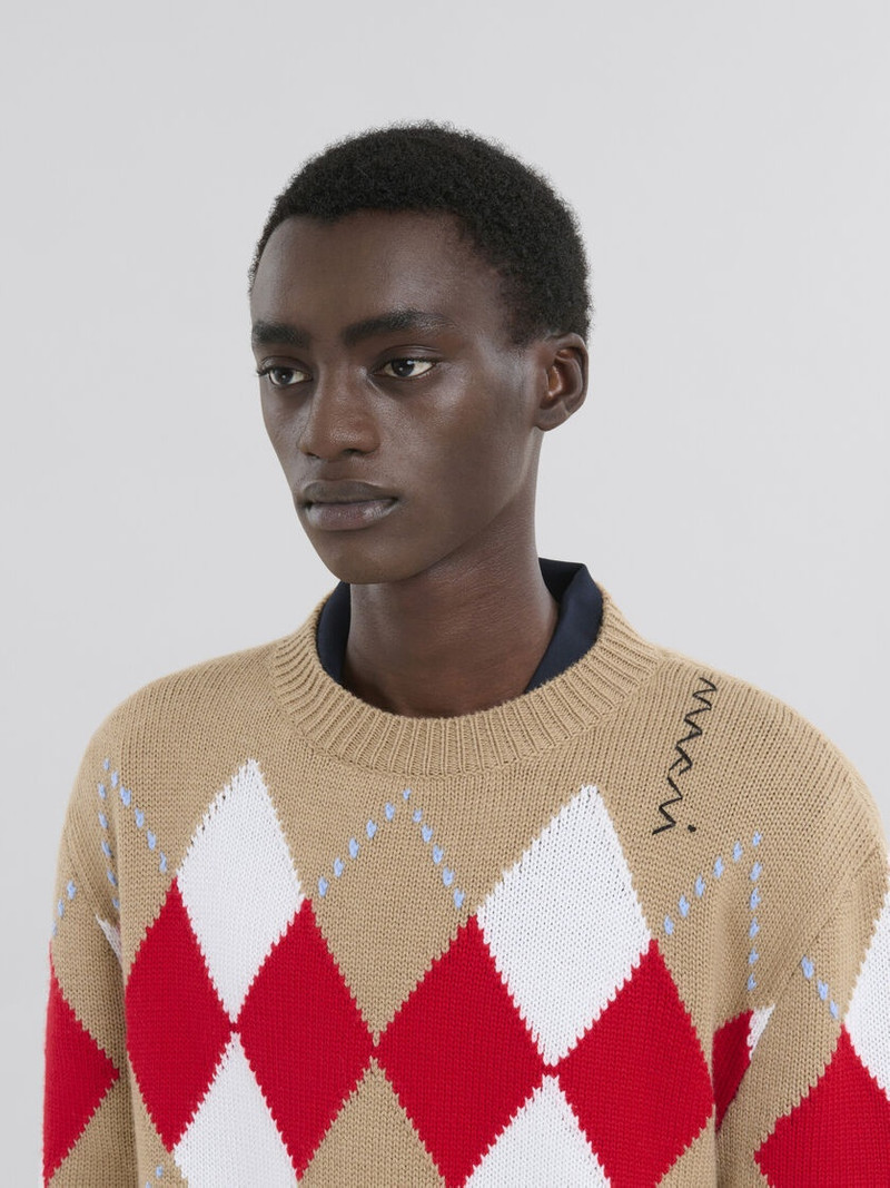 BEIGE CREW NECK WOOL JUMPER WITH ARGYLE MOTIF 4