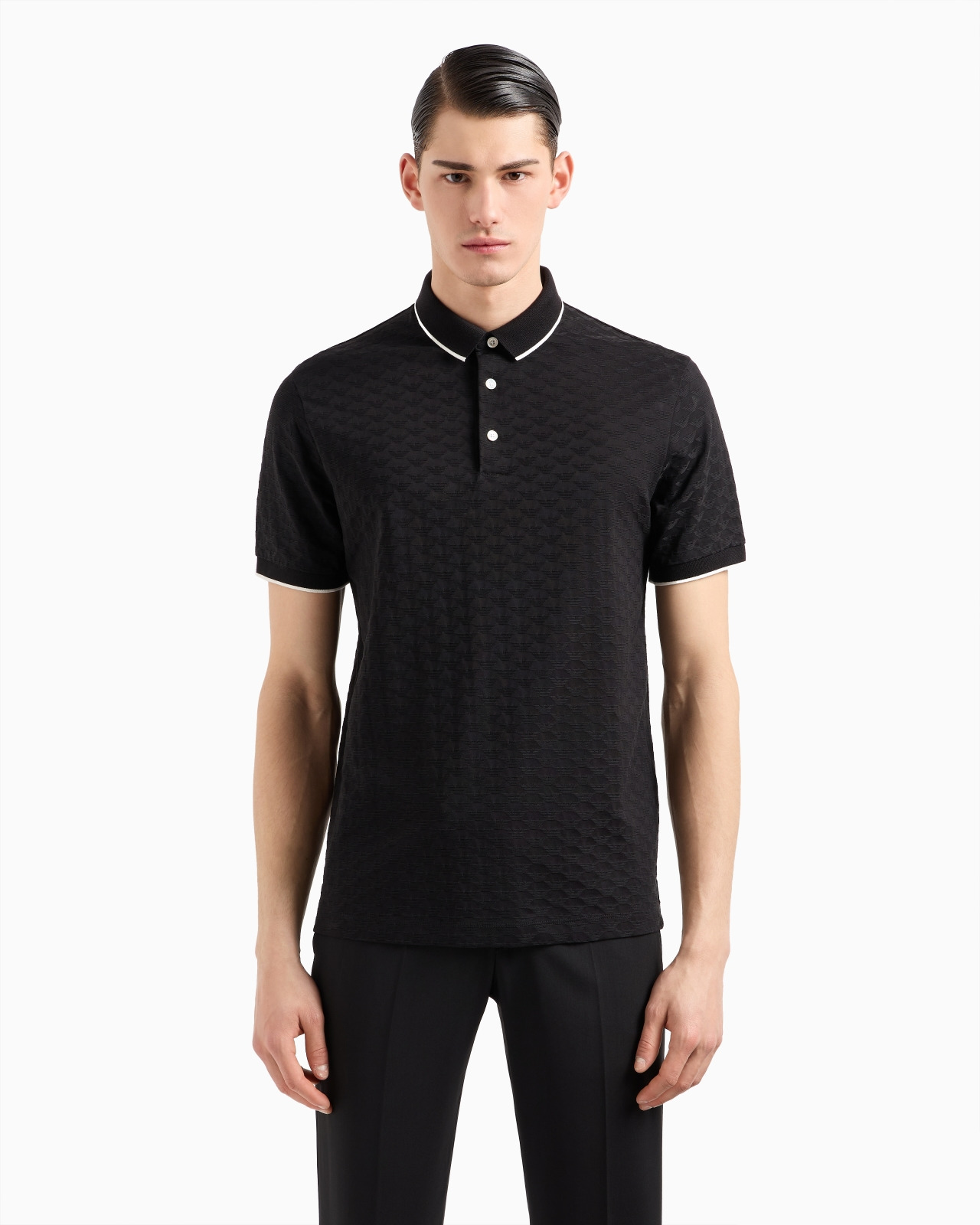 Mercerised jersey polo shirt with all-over jacquard eagle - 4