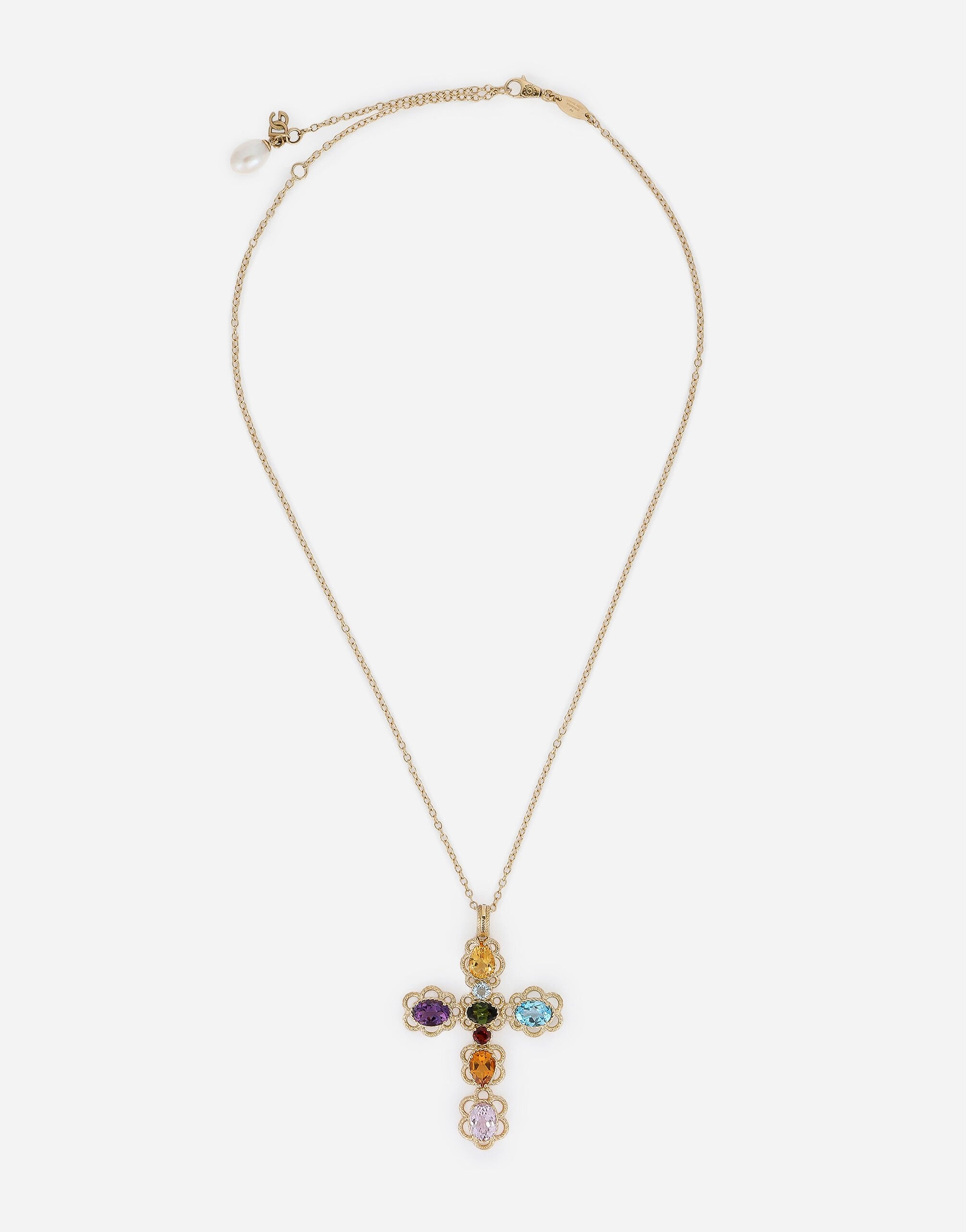 18 kt yellow gold cross pendant  with multicolor fine gemstones - 1