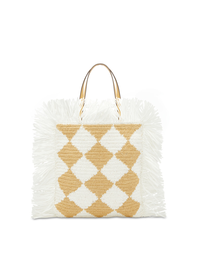CHECKED RAFFIA CROCHET FLAT TOTE 1