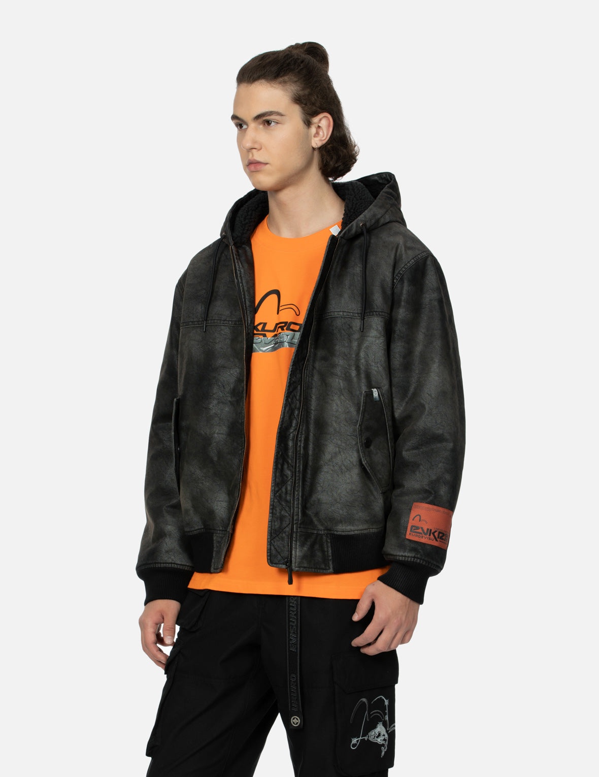Hooded Grain Pattern Regular Fit Leather Bomber Jacket - 7