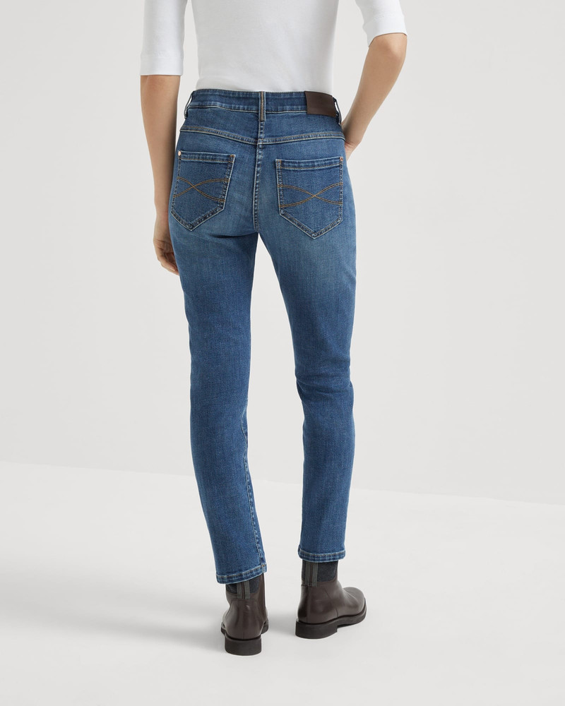 Brunello Cucinelli Stretch denim slim five-pocket trousers with shiny leather tab outlook