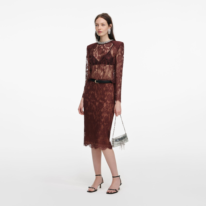 Brown Floral Lace Midi Skirt 2