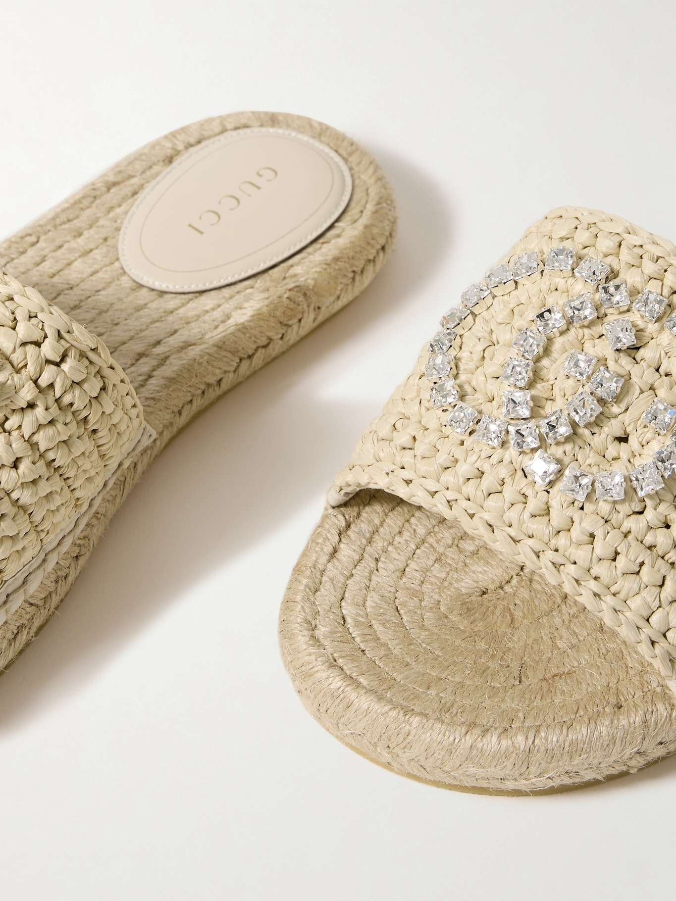 【GUCCI】Coraラフィア エスパドリーユ サンダル クリスタル付き ホワイト Cora ラフィア エスパドリーユ サンダル クリスタル