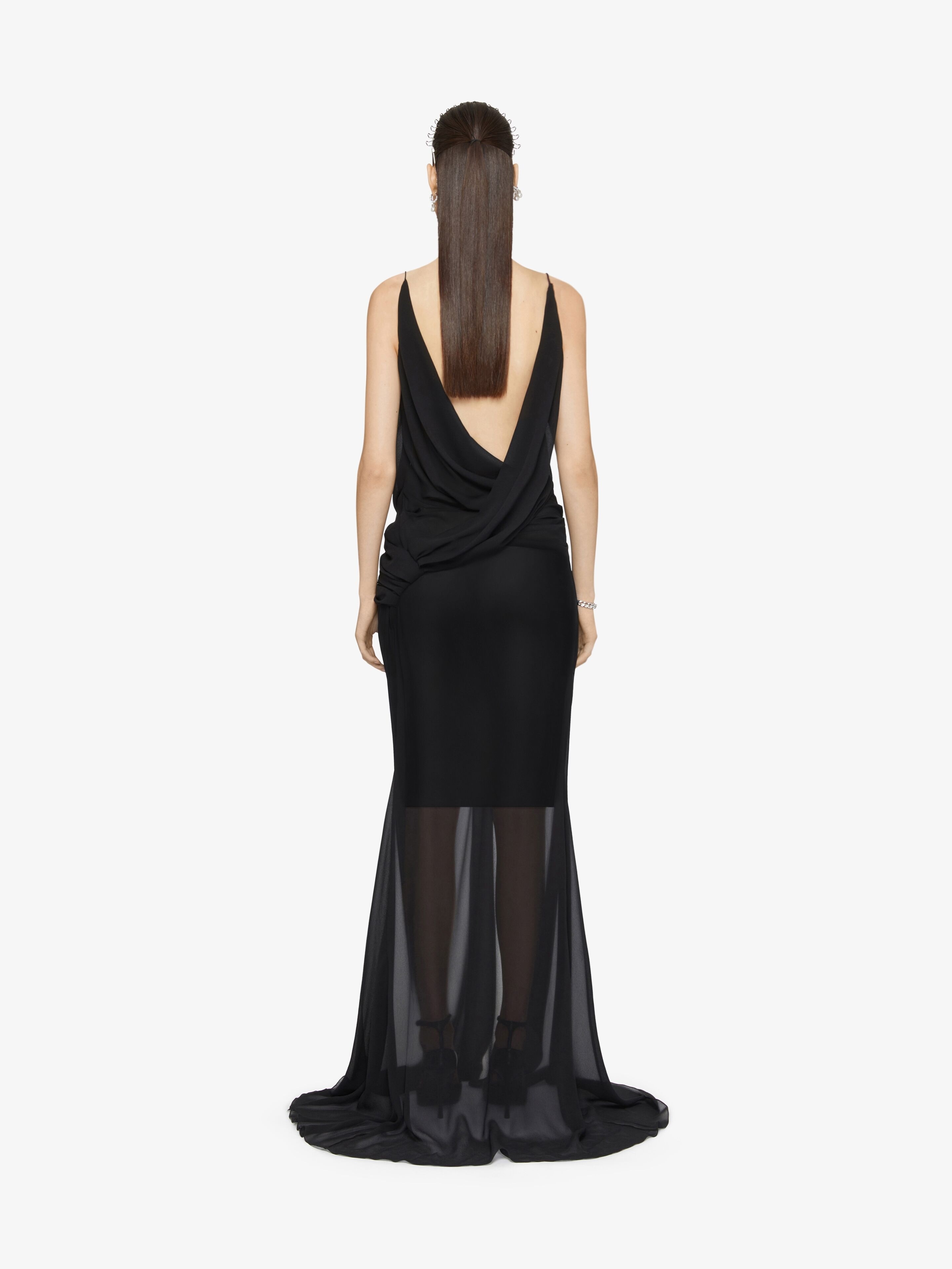 EVENING DRAPED DRESS IN SILK WITH PEARL CHAINS - 4