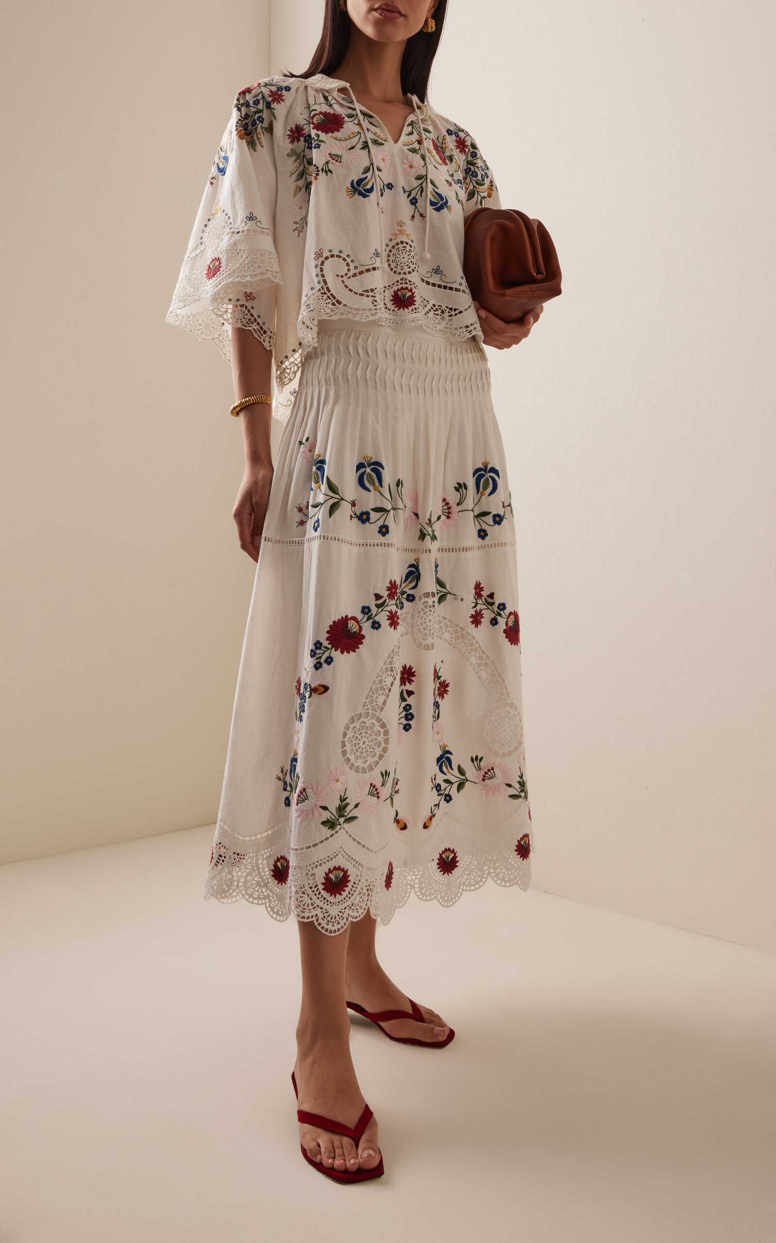 Celia Embroidered Cotton-Linen Midi Skirt ivory - 2