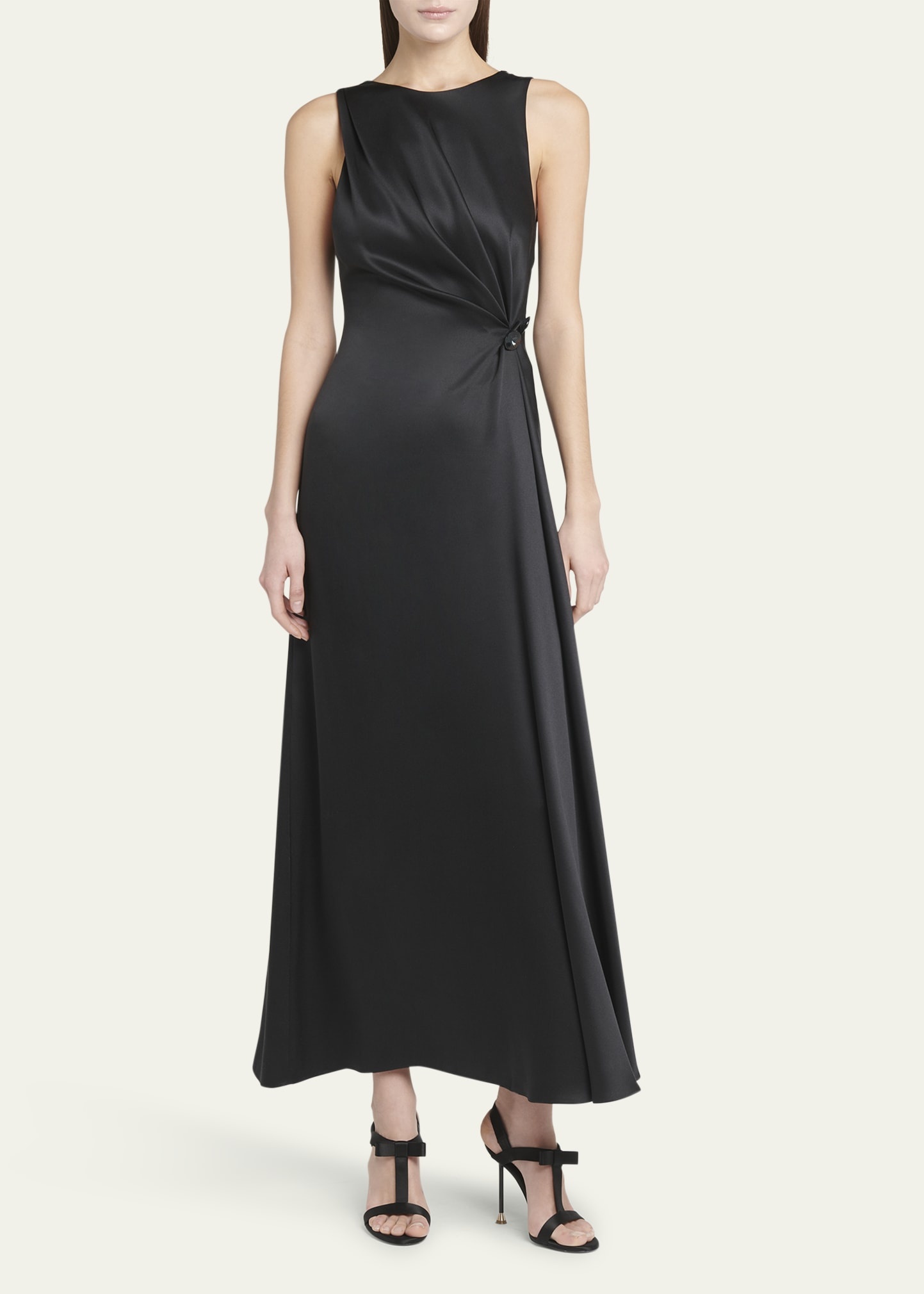 Satin Gown with Gathered Beaded Hip Detail - 2