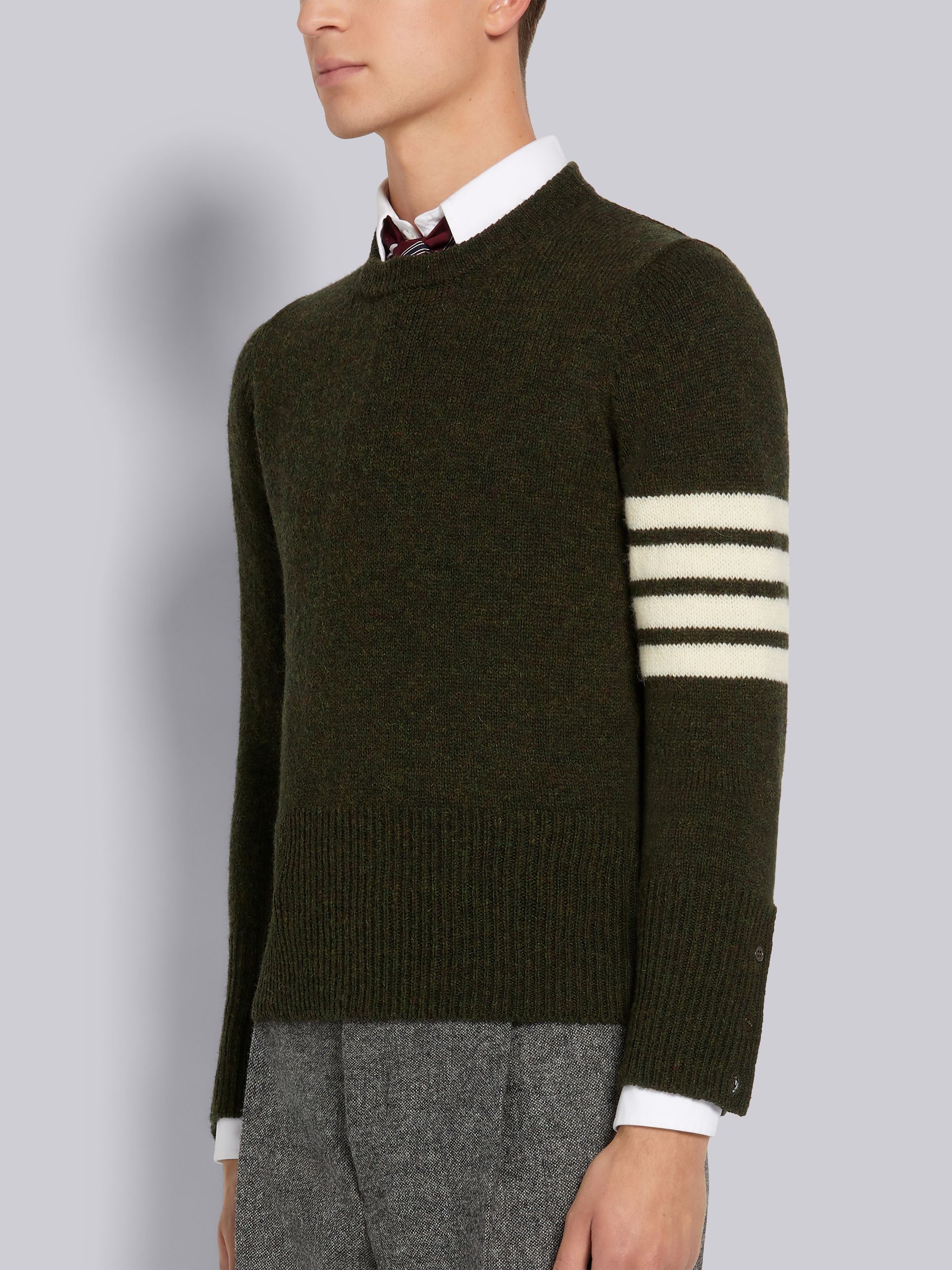 Dark Green Shetland Wool Jersey Stitch 4-Bar Stripe Classic Crew Neck Pullover - 2