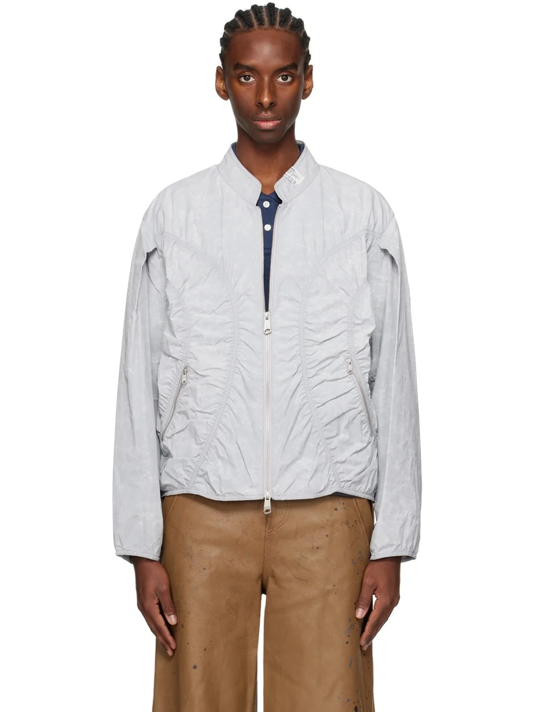 Gray Ruched Bomber Jacket - 1