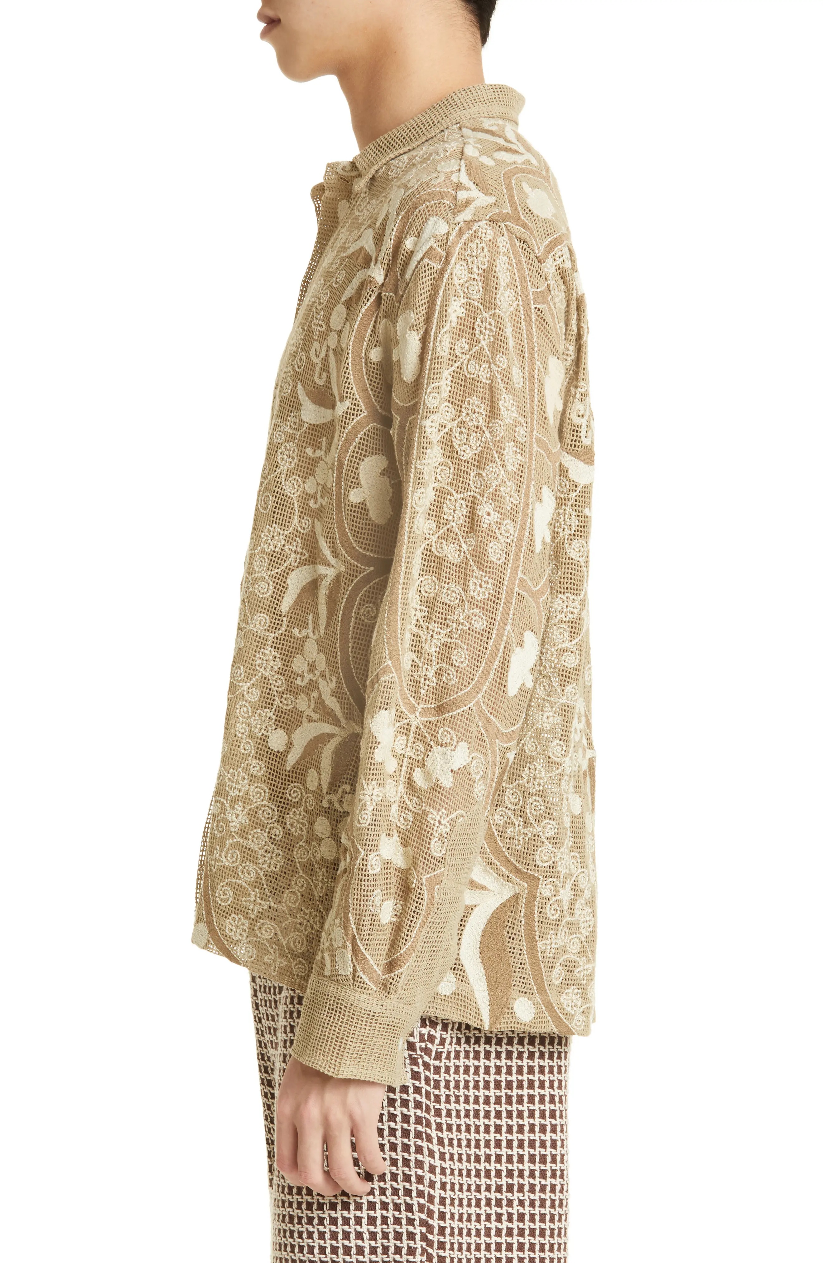 Filet Filigree Embroidered Mesh Button-Up Shirt - 4