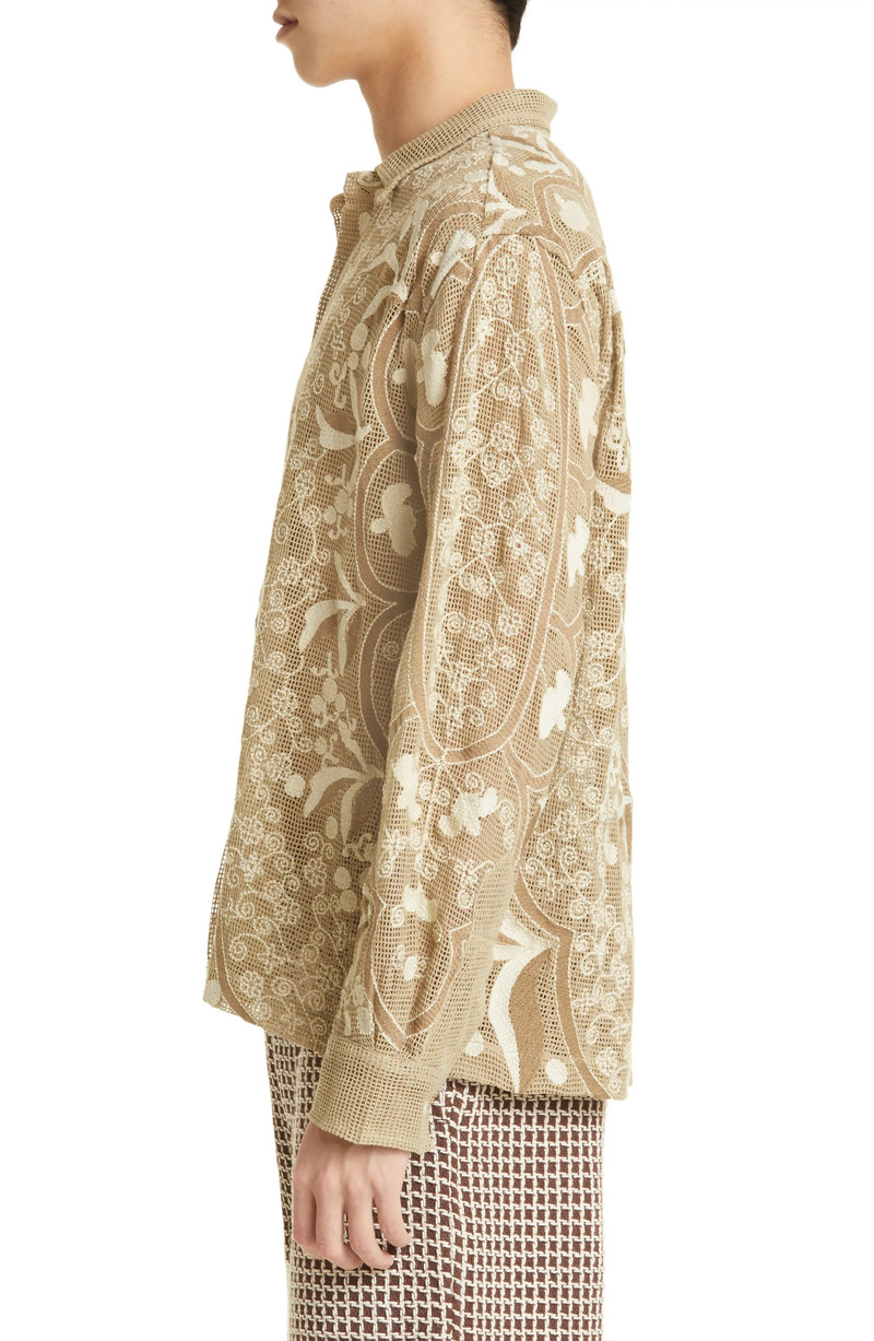 Filet Filigree Embroidered Mesh Button-Up Shirt 4