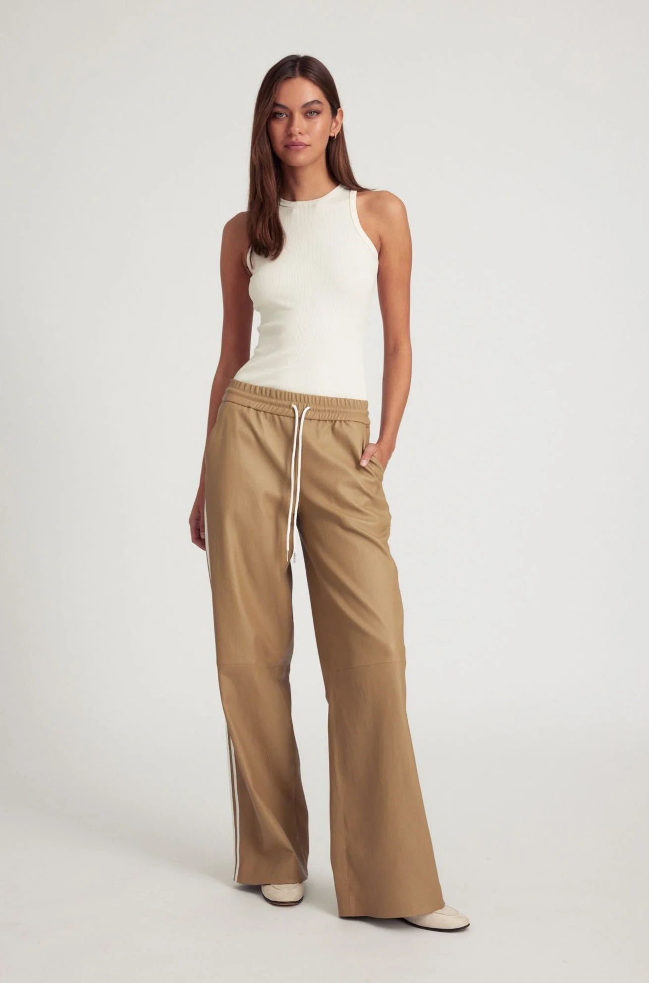 KHAKI LEATHER ATHLETIC DRAWSTRING PANTS - 1