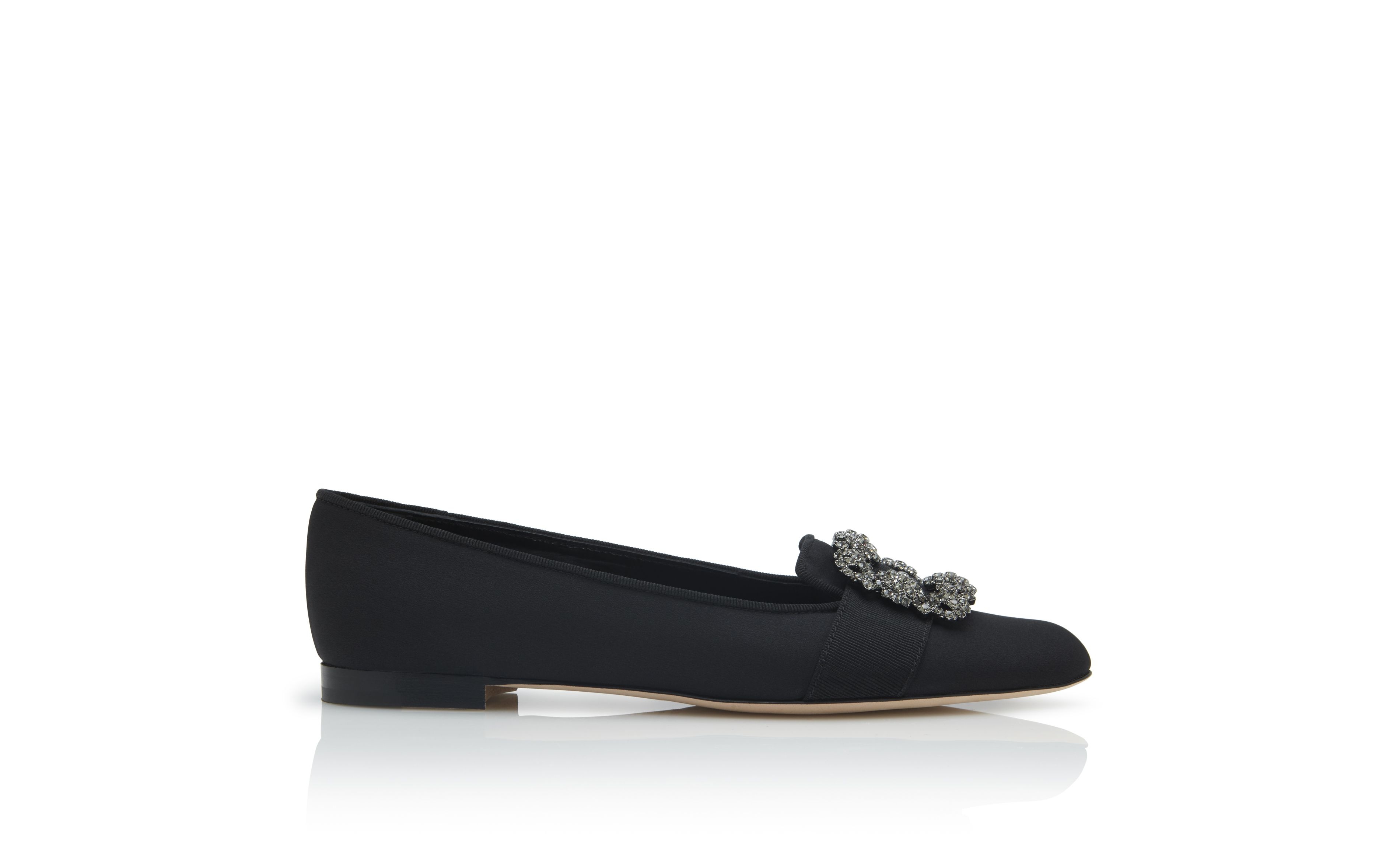 Black Crepe de Chine Embellished Flat Shoes - 1