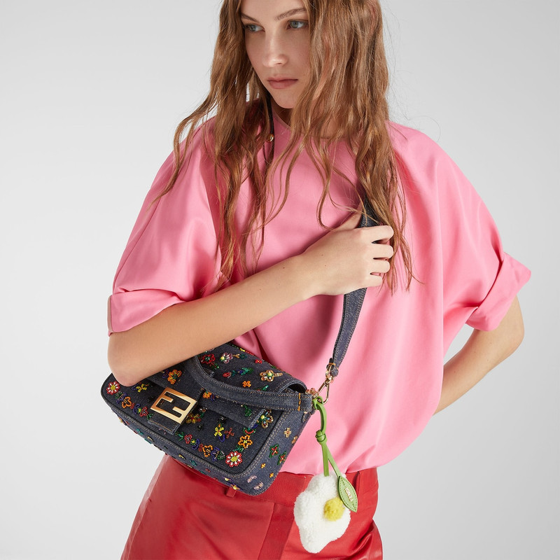Baguette® Dark blue denim bag with floral embroidery 3