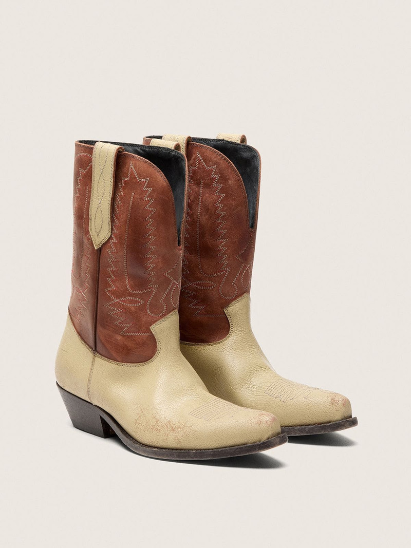 Golden Goose Women’s Wish Star low boots in beige and brown leather with embroidery outlook