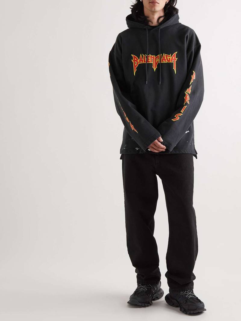 BALENCIAGA Logo-Print Distressed Cotton-Jersey Hoodie outlook