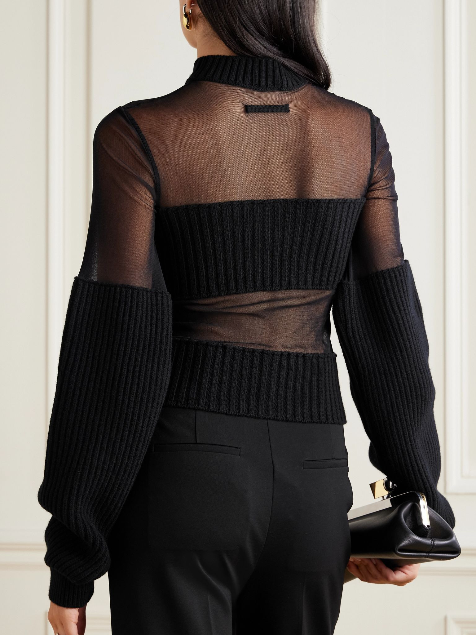 Mesh and ribbed wool sweater Black - 3