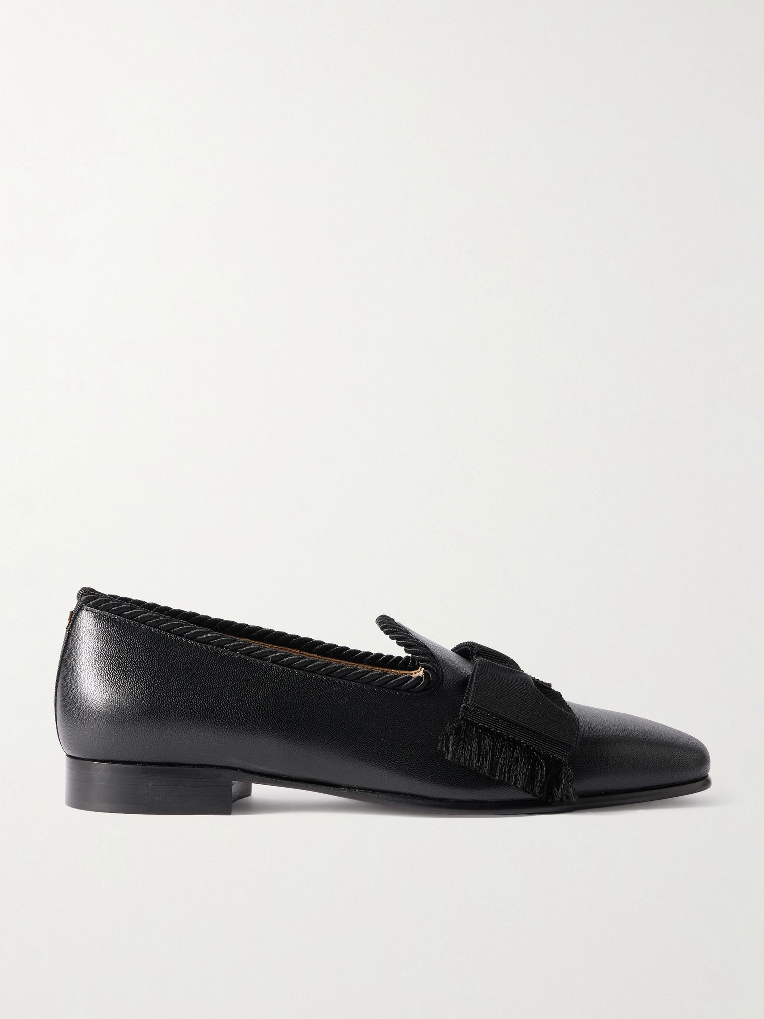 Bowow Frayed Grosgrain-Trimmed Leather Loafers Black - 1