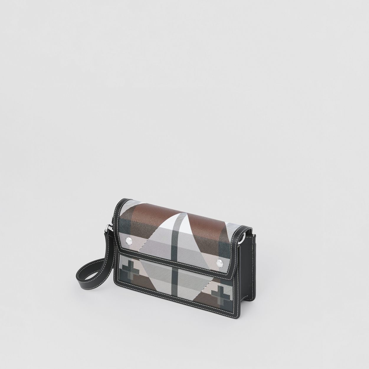 Geometric Check and Leather Crossbody Bag - 4