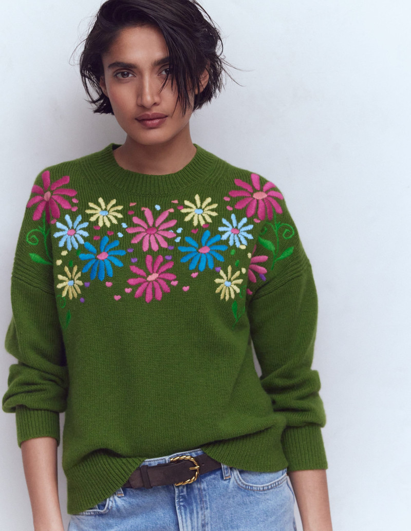Isa Embroidered Sweater-Herb Garden, Green Flowers 6