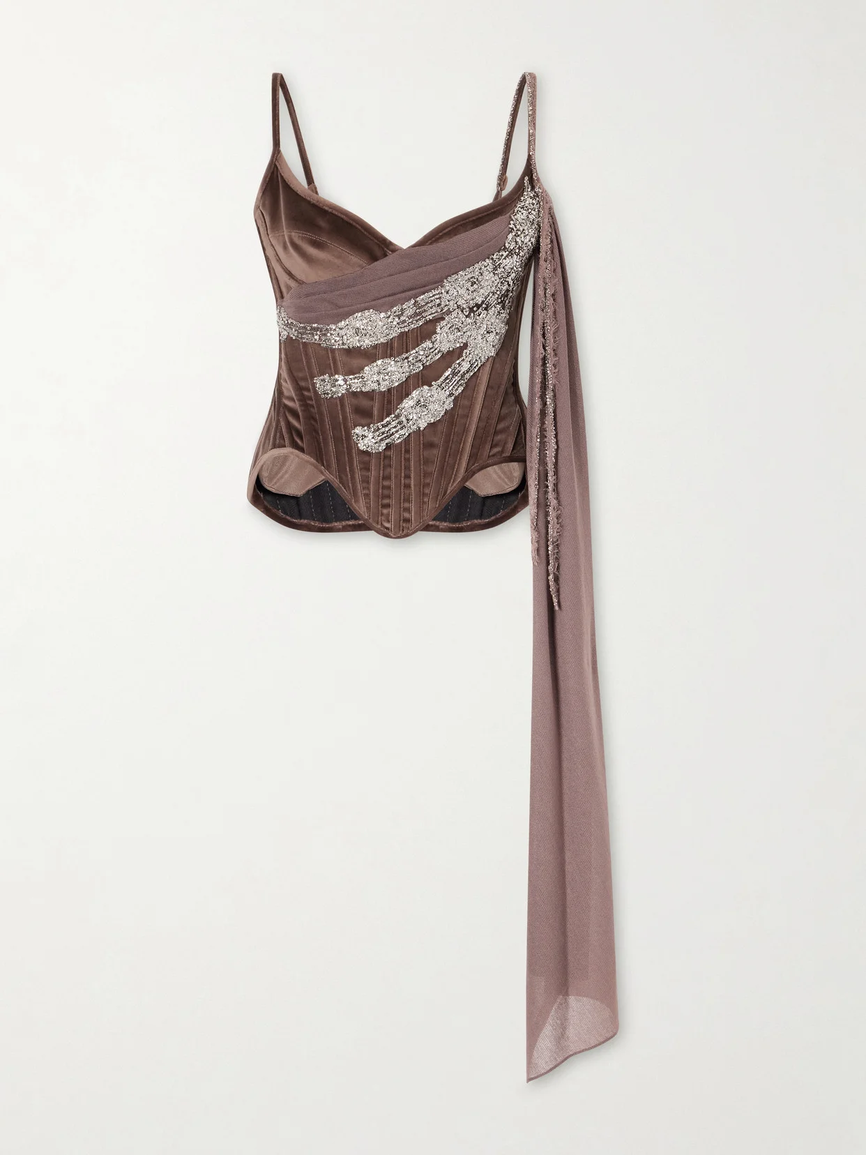 Tie-detailed Embellished Cotton-blend Velvet Corset Top - 1