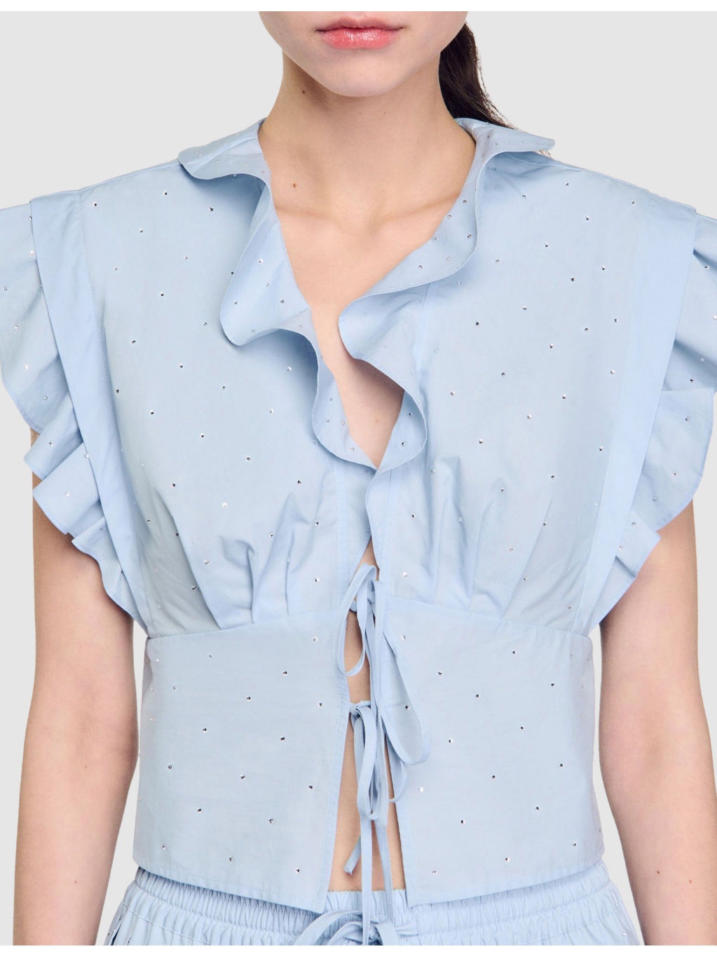 Rhinestone-Embellished Ruffled-Trim Cotton Top - 5