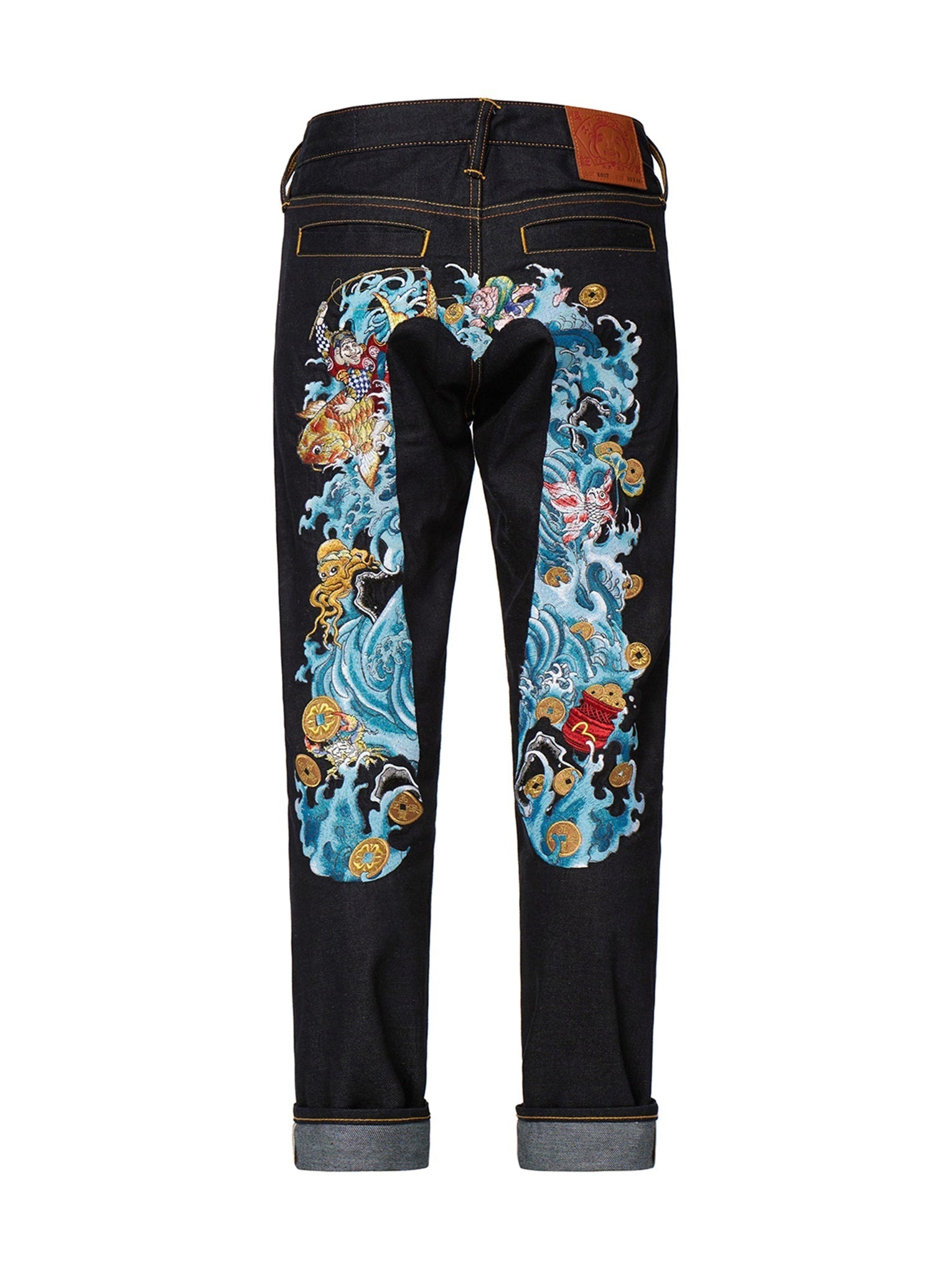“The God of Fortune Riding Waves” Daicock Embroidery Carrot-Fit Jeans #2017 - 14