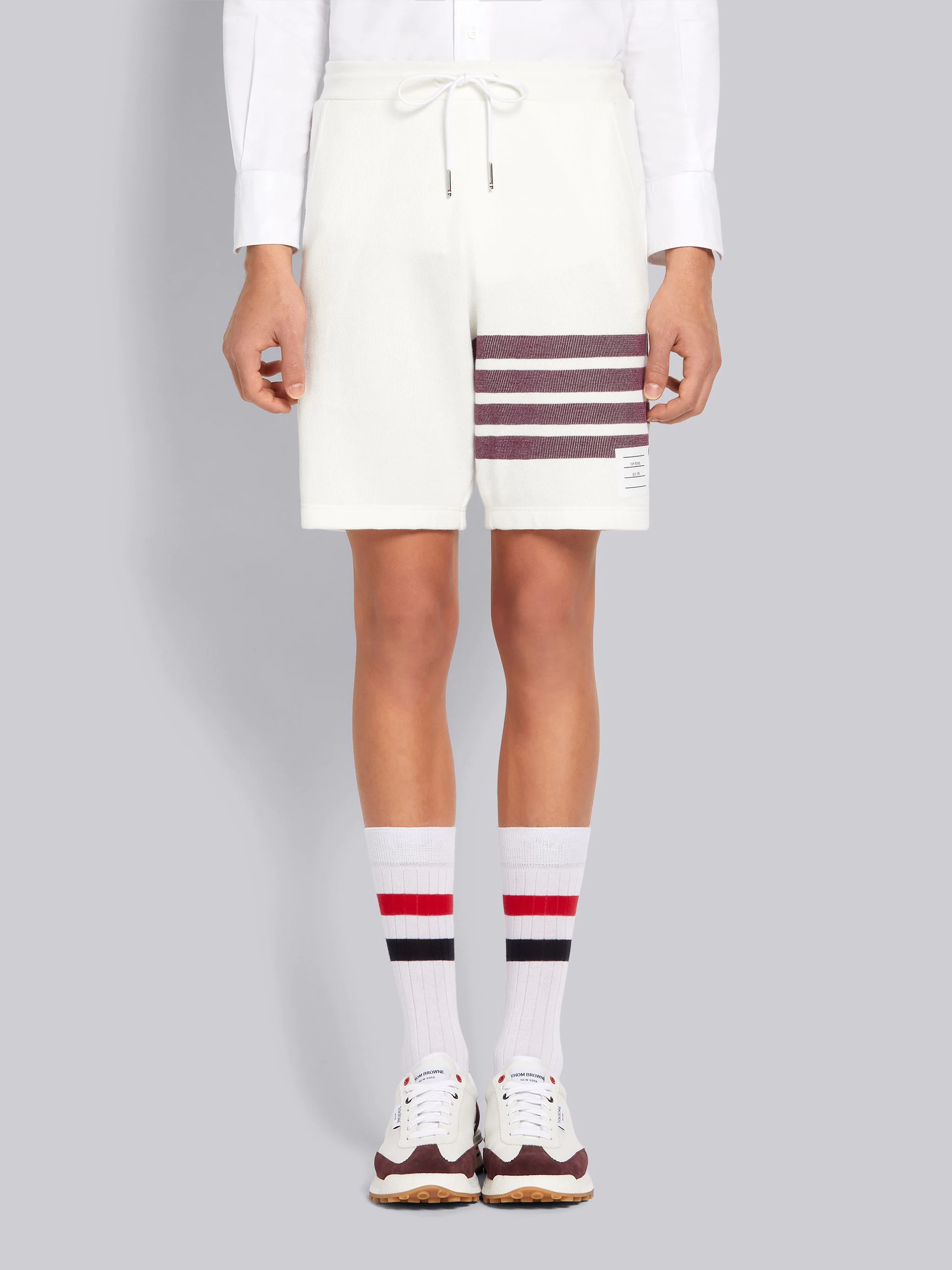 White Double Face Cotton Knit 4-Bar Stripe Sweat Shorts - 1